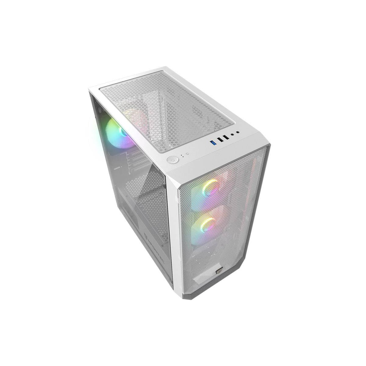 Un case per computer bianco con luci arcobaleno nelle ventole. La parte superiore ha pulsanti e una rete. Il logo Antec è visibile.