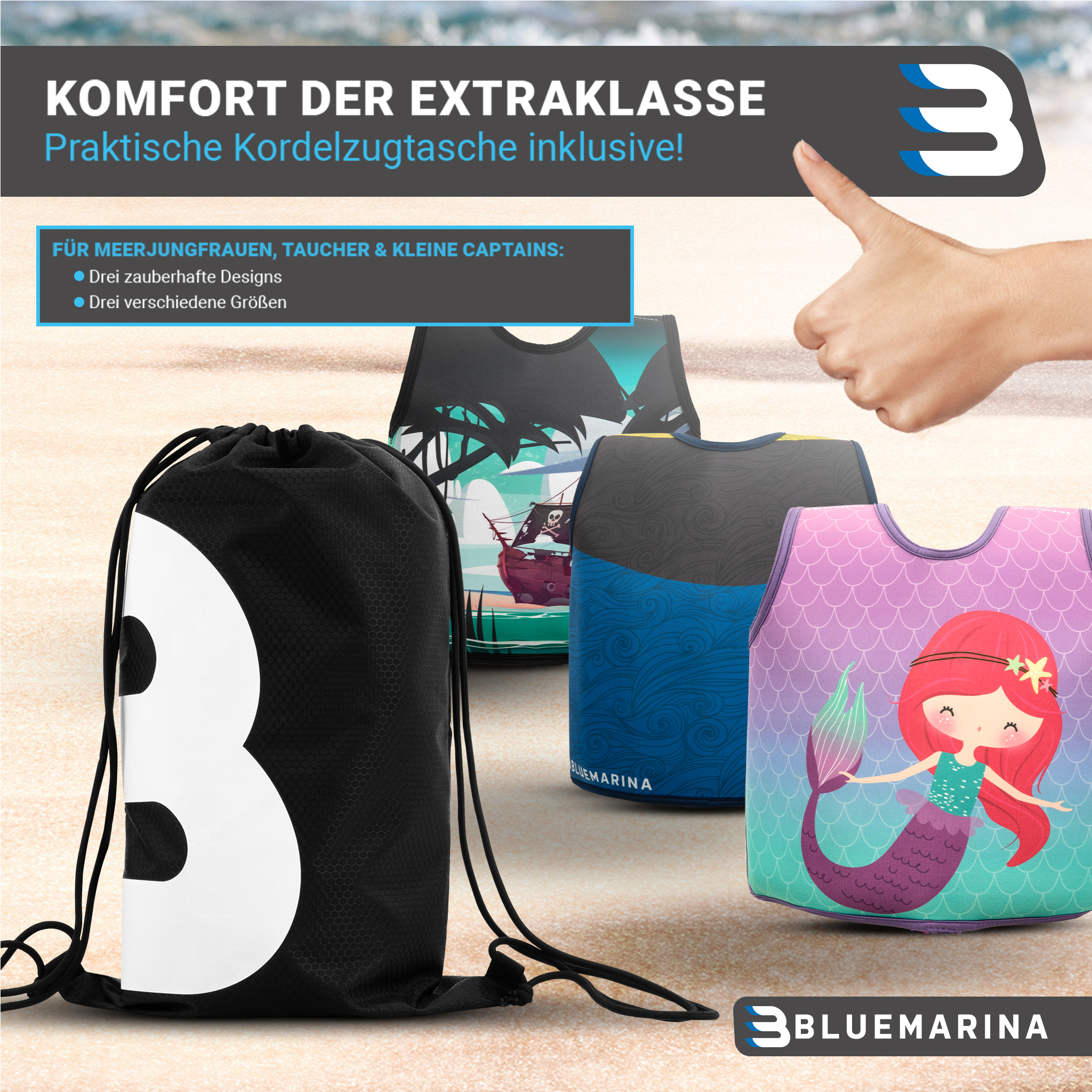 Verschiedene Schwimmtaschen mit Illustrationen und eine Person, die zeigt. Text auf Deutsch.