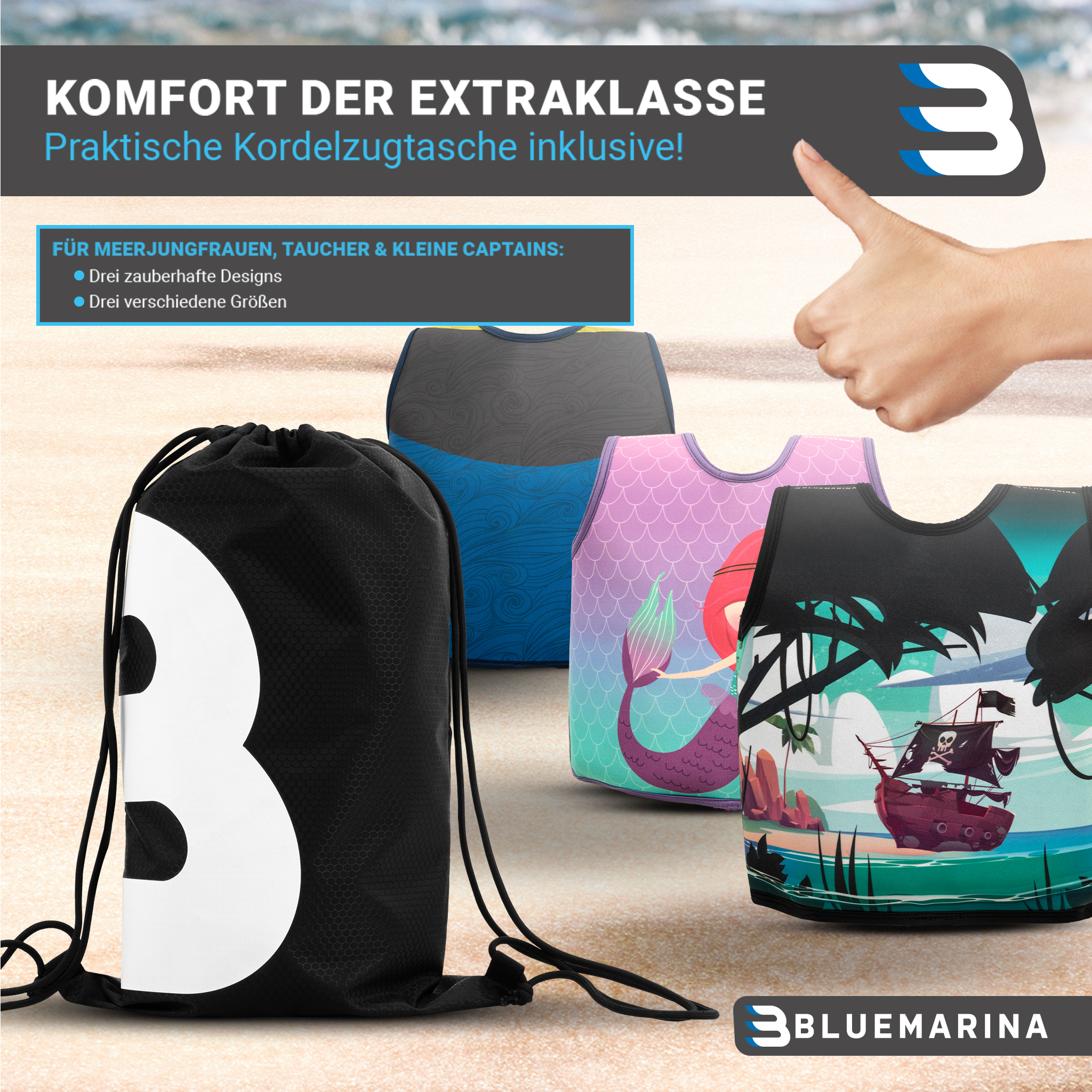 Verschiedene Kordelzugbeutel mit bunten Designs, einschließlich eines großen weißen '3' auf einer schwarzen Tasche, mit einem Daumen hoch.
