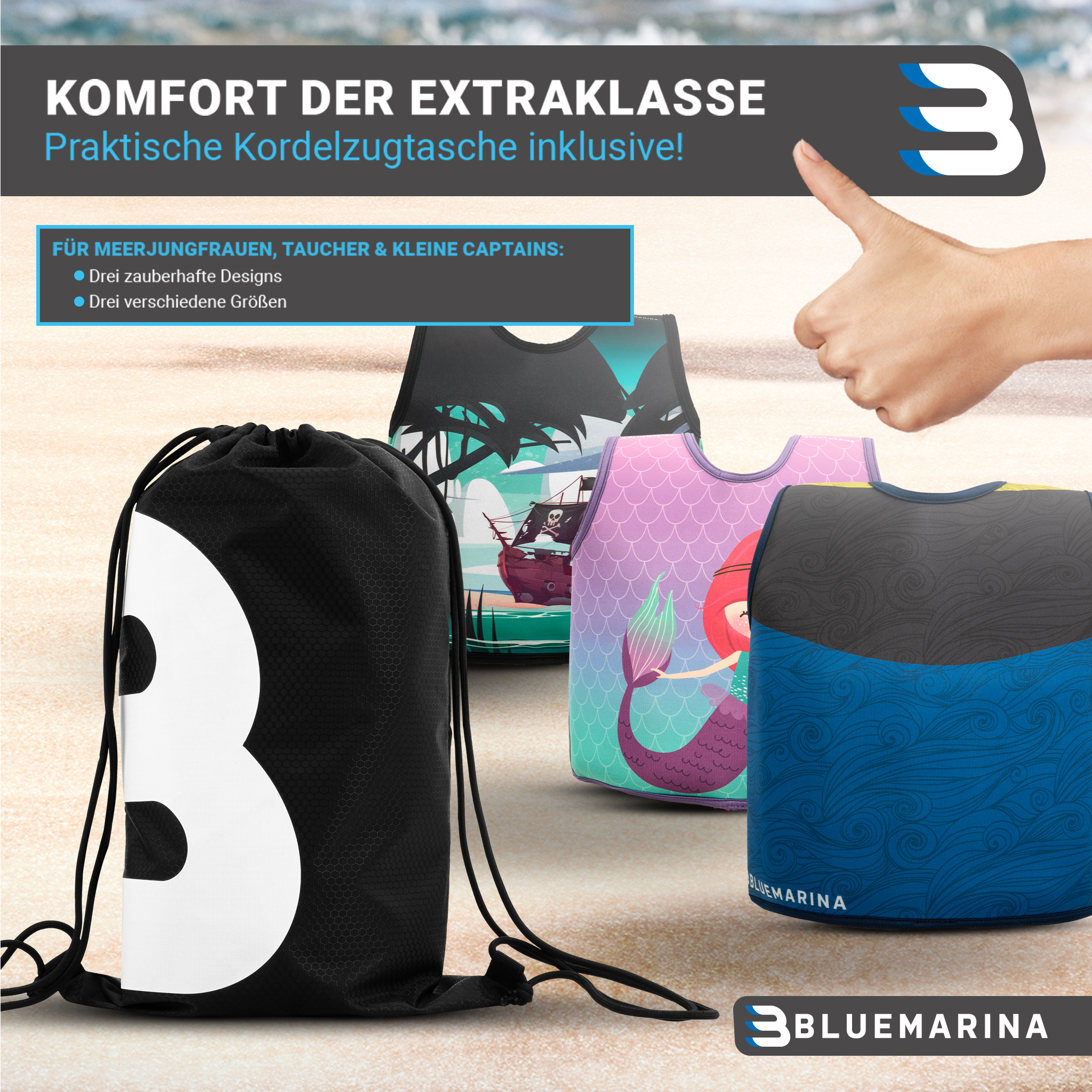 Drei Kordelzugbeutel, schwarz und blau mit Meerjungfrau-Designs. Text: Komfort der Extraklasse, 3Bluemarina.
