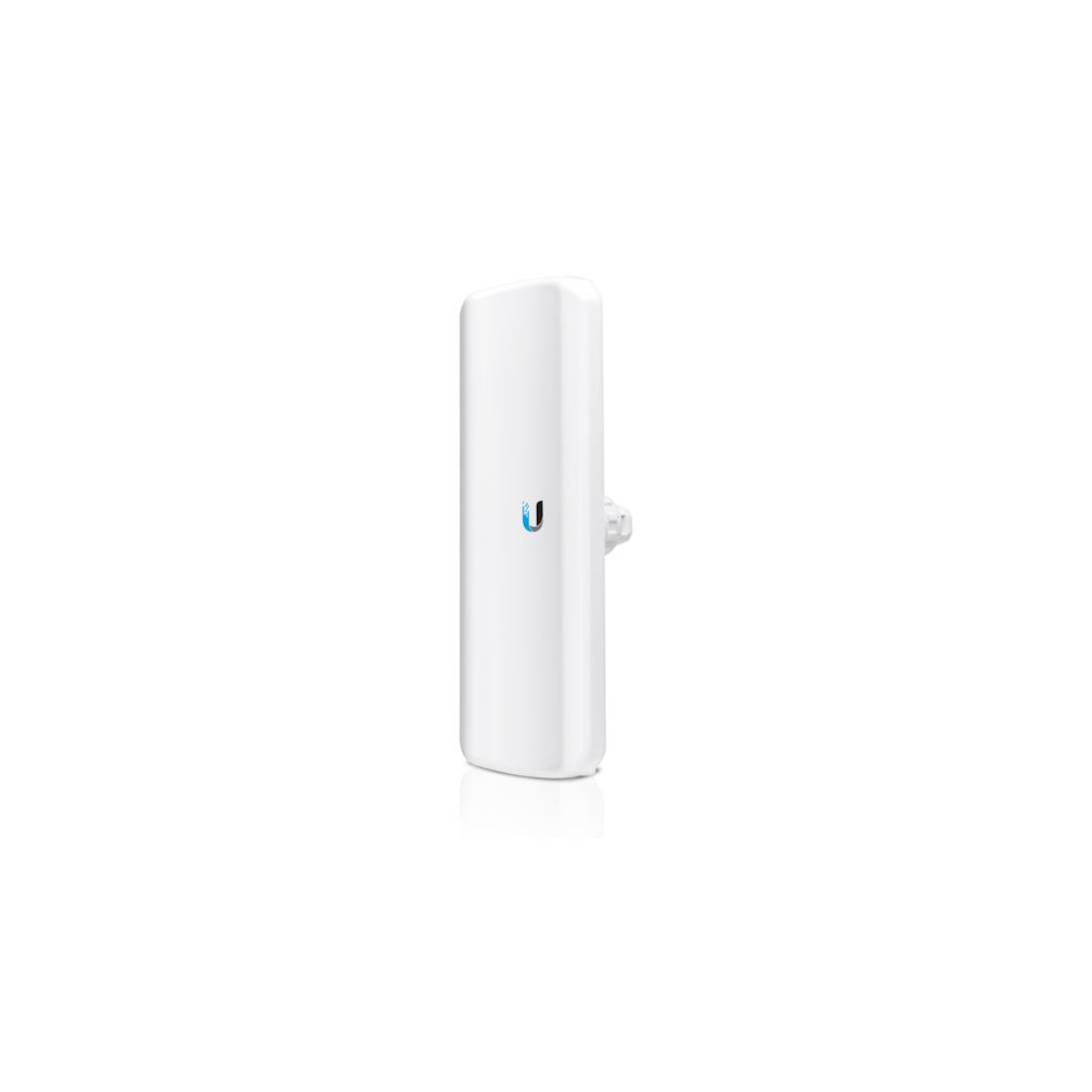Antena Ubiquiti blanca sobre fondo blanco. La antena tiene un logotipo U azul.