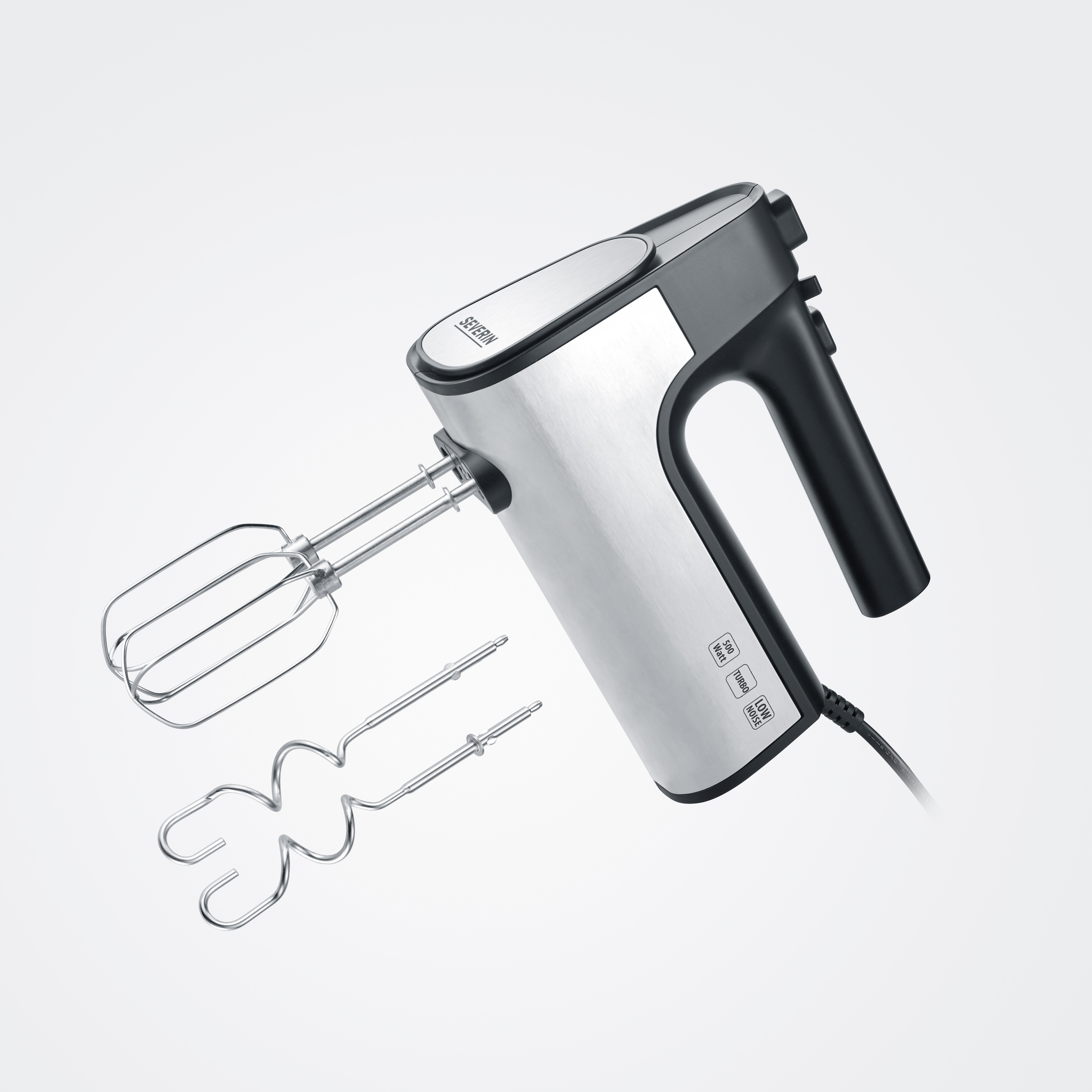 Handlicher silberner Mixer mit zwei Rührwerkzeugen.