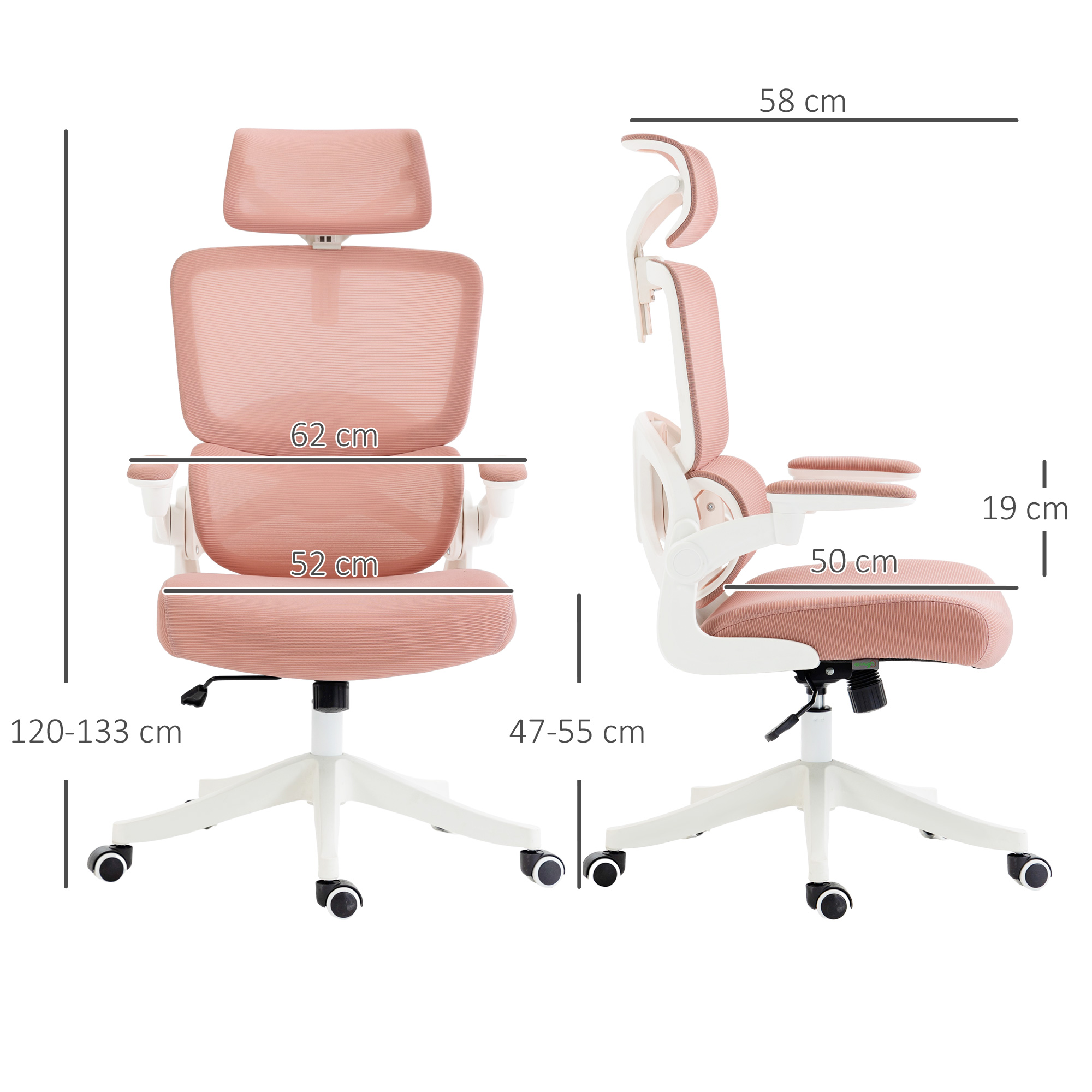 Silla de oficina rosa con dimensiones etiquetadas. Cuenta con respaldo de malla, reposabrazos y reposacabezas sobre base blanca.
