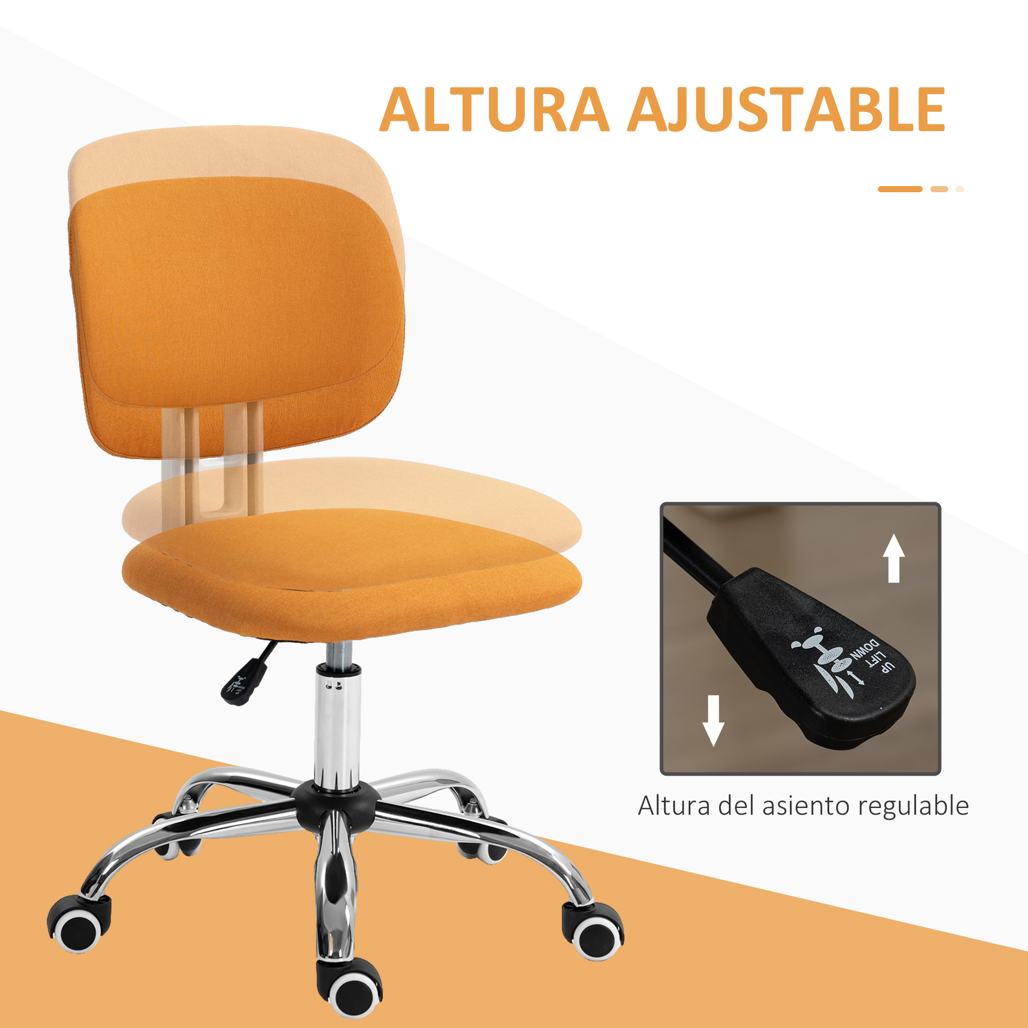 Silla de oficina naranja con función de altura ajustable. Mostrando la palanca.
