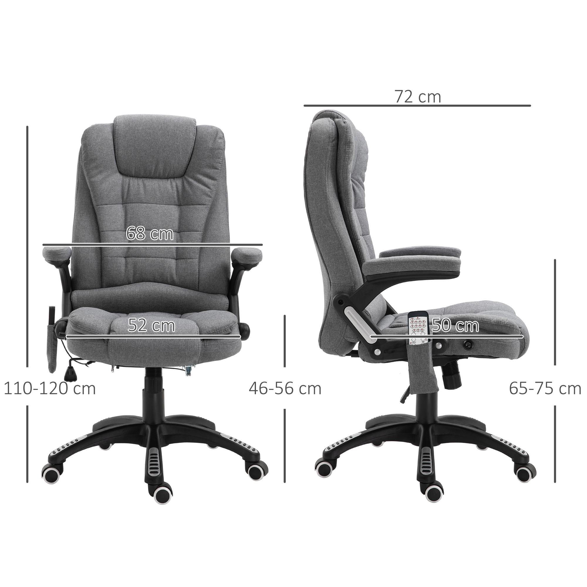 Una silla de oficina se muestra en dos vistas, frontal y lateral. Se muestran medidas de ancho y altura.
