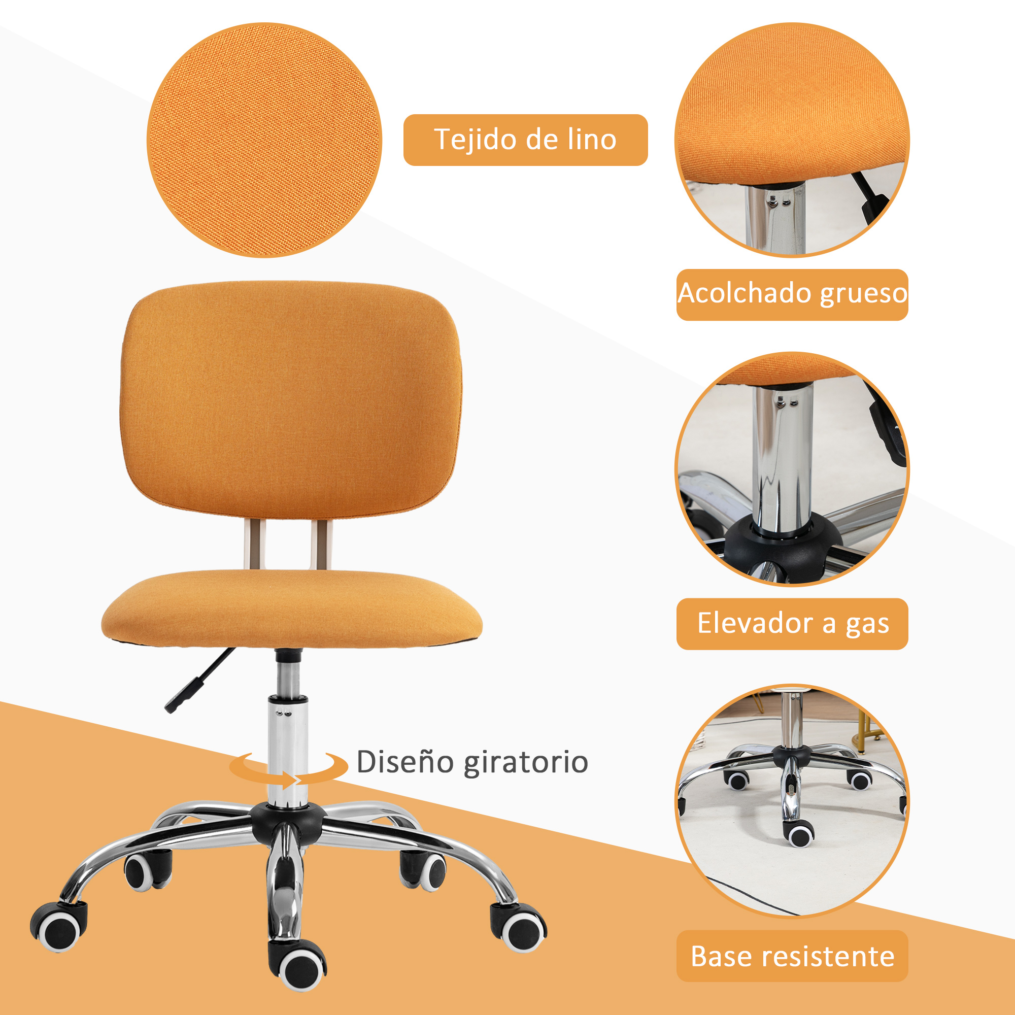 Silla de oficina naranja. Texto: Tejidio de lino, Acolchado grueso, Elevador a gas, Base resistente. Fondo blanco.