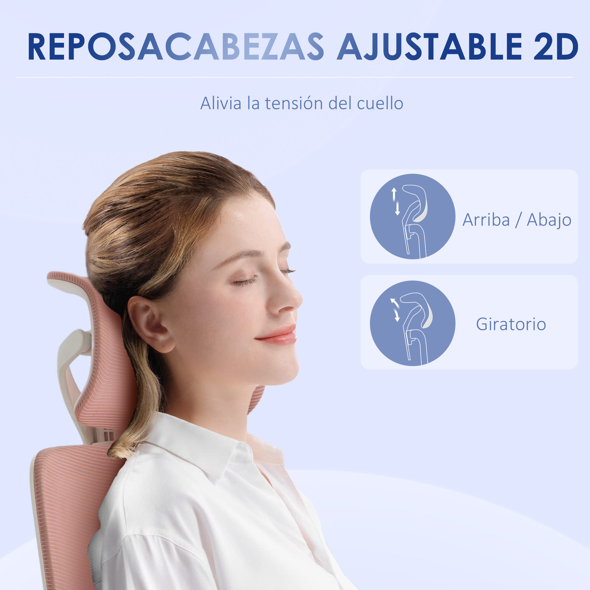 Mujer en silla rosa con reposacabezas ajustable, texto y diagramas.