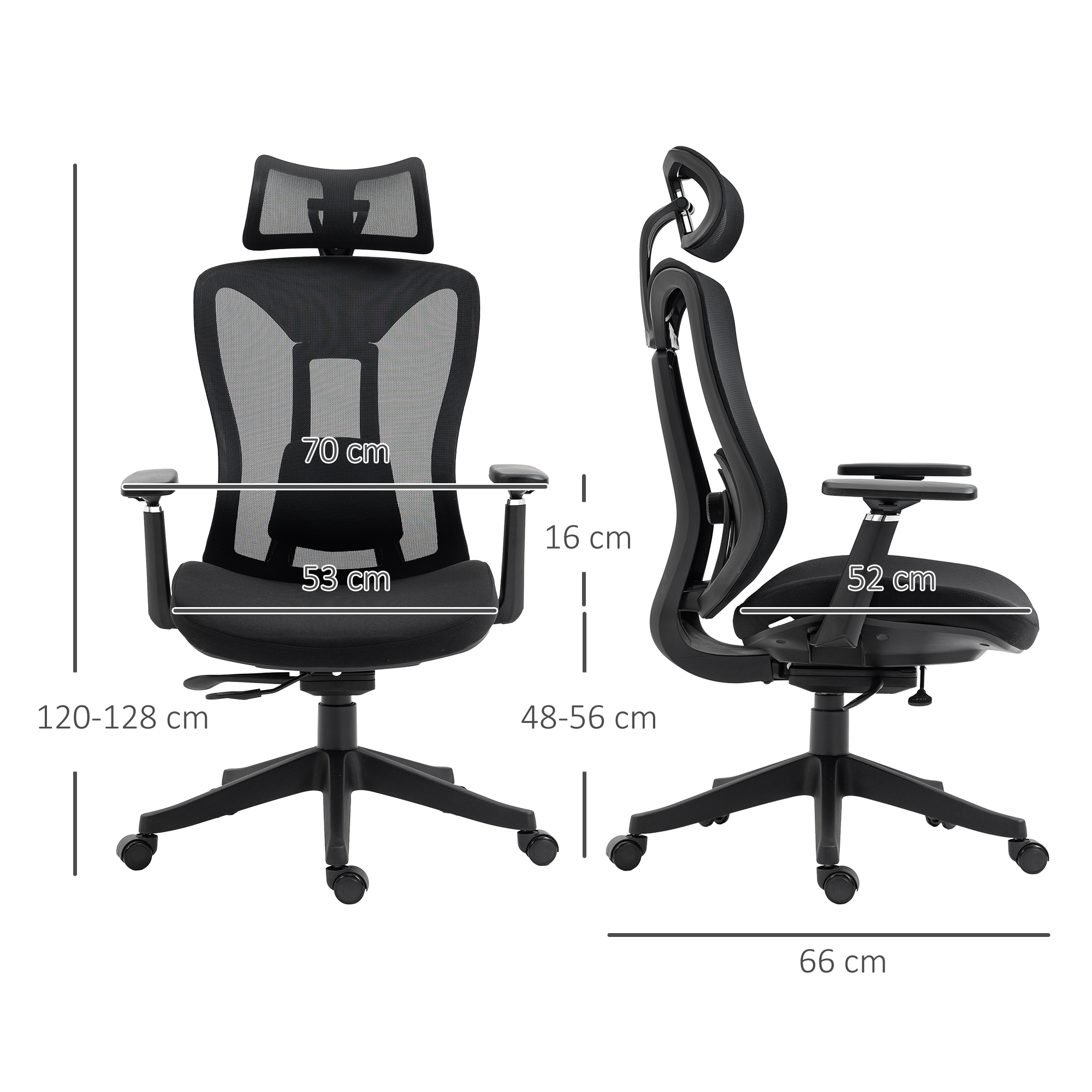 Dos vistas de una silla de oficina negra con respaldo de malla con dimensiones etiquetadas. Tiene reposacabezas y reposabrazos.