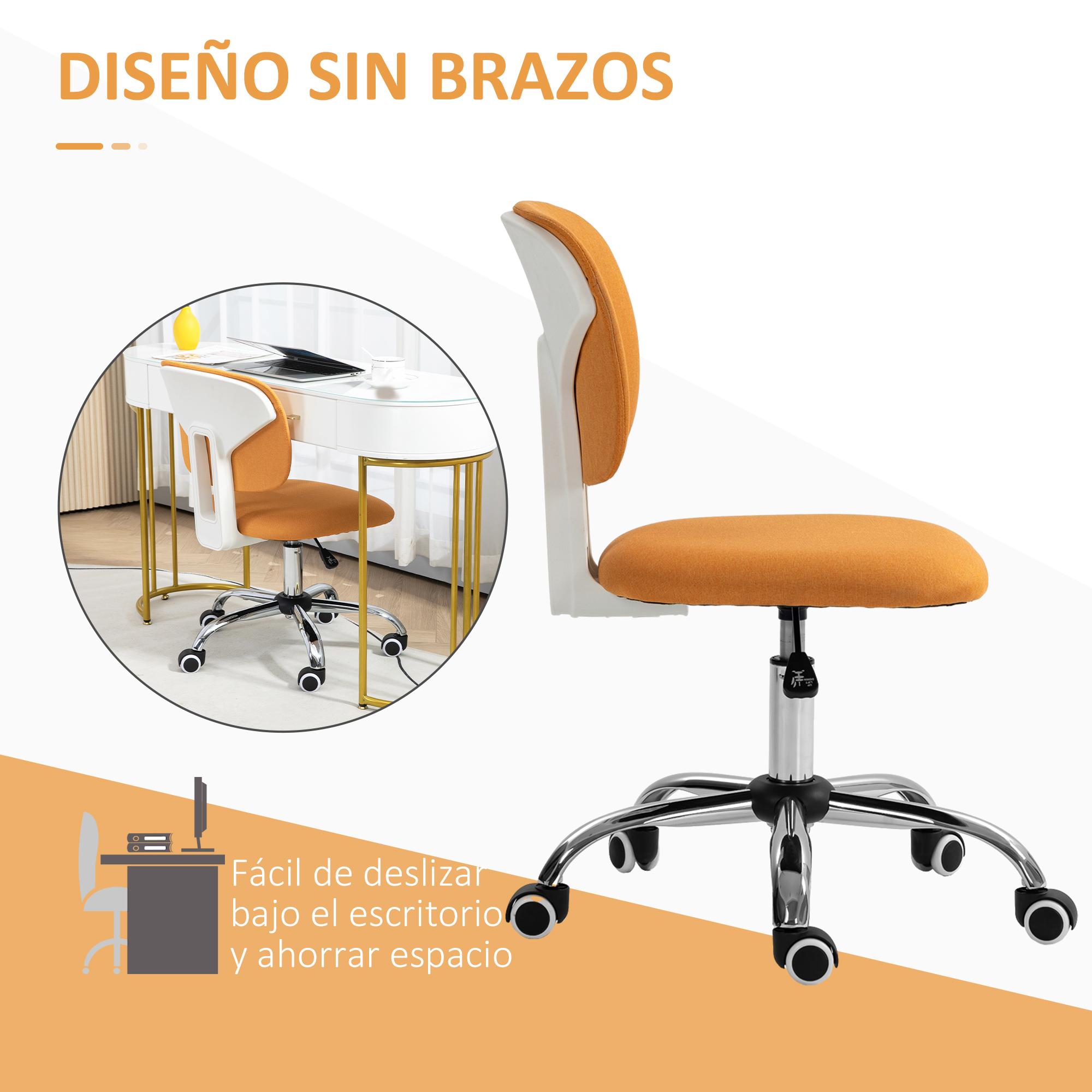 Silla naranja y blanca con ruedas y un escritorio al fondo, texto en español.