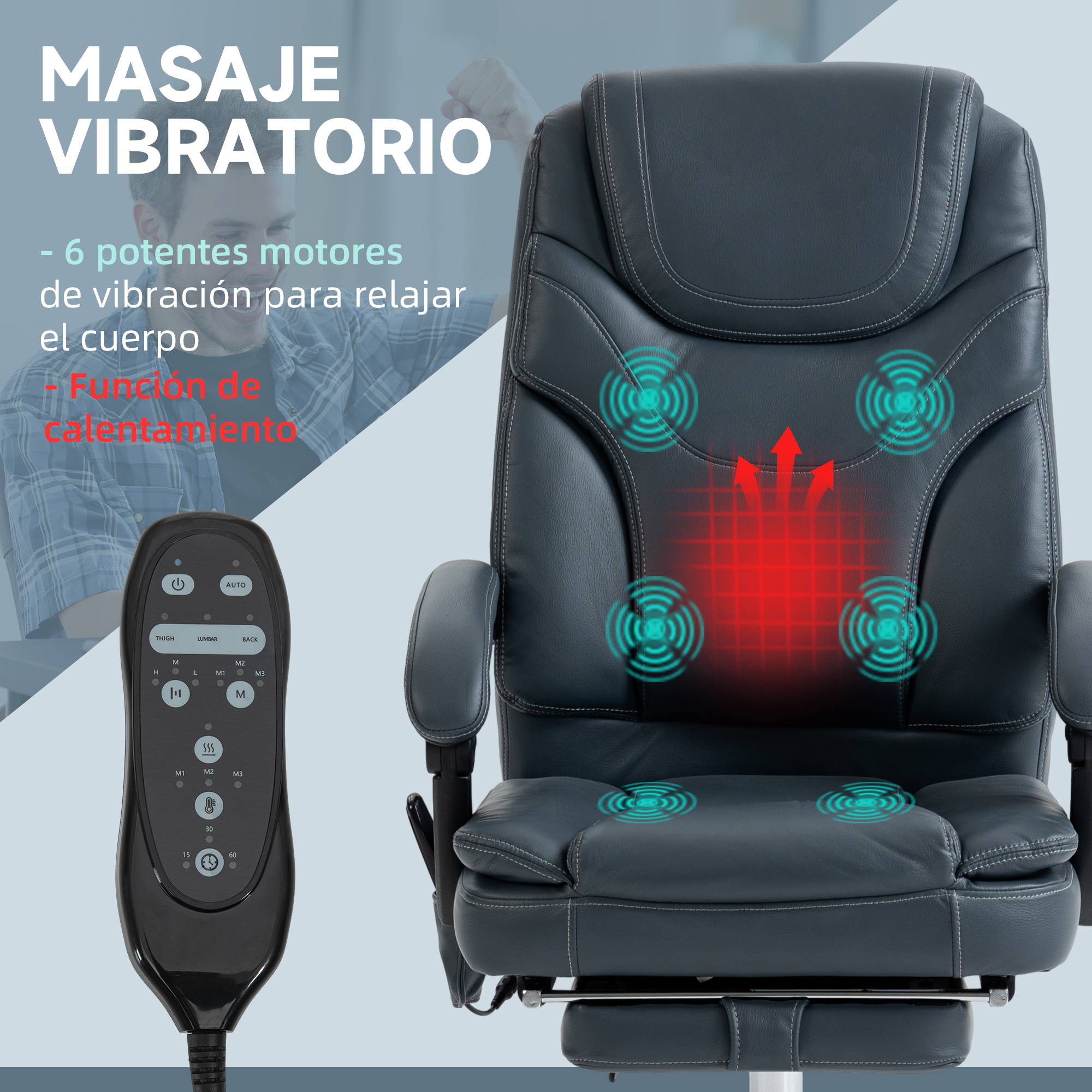 Una silla de masaje negra con un mando. El texto dice 'MASAJE VIBRATORIO' y muestra puntos de masaje.