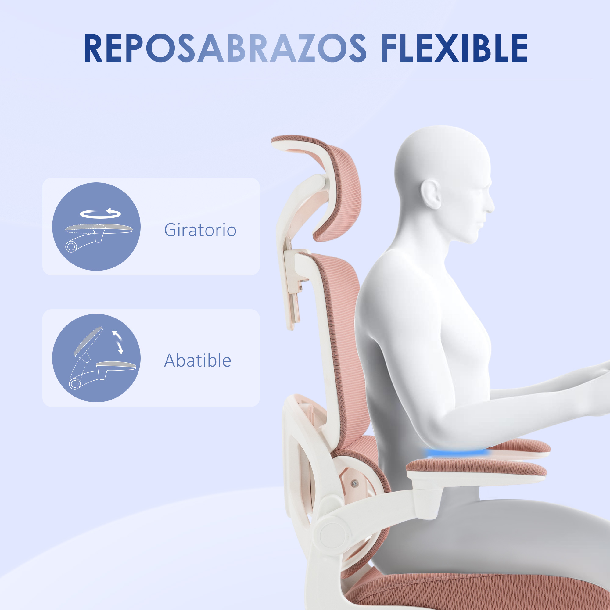 Diagrama de una silla con reposabrazos flexibles. El texto sobre la silla dice: Reposabrazos flexibles.