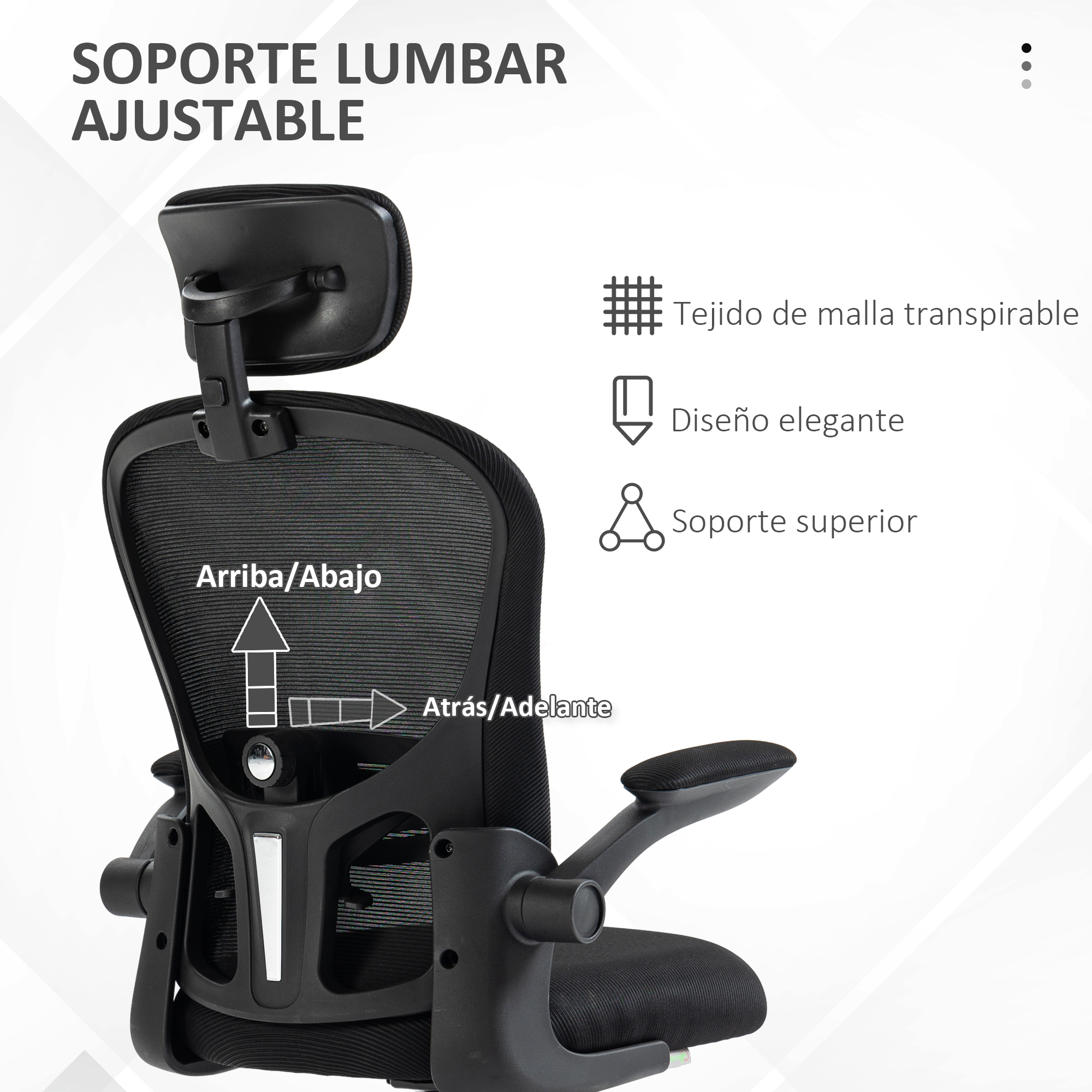 Silla de oficina ergonómica negra con soporte lumbar ajustable y respaldo de malla.