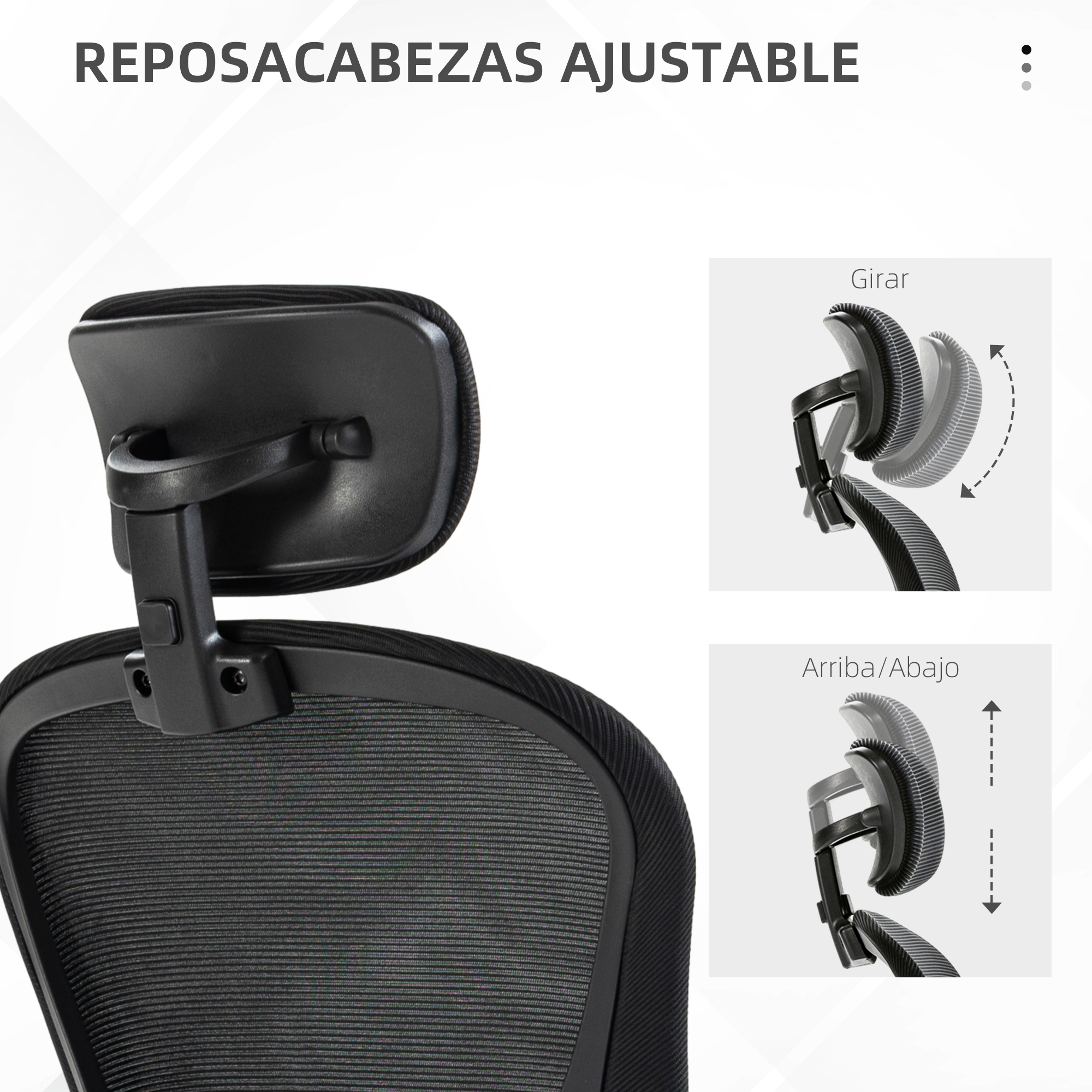 Un reposacabezas negro ajustable. Diagramas que muestran la capacidad de ajuste arriba/abajo y rotación.