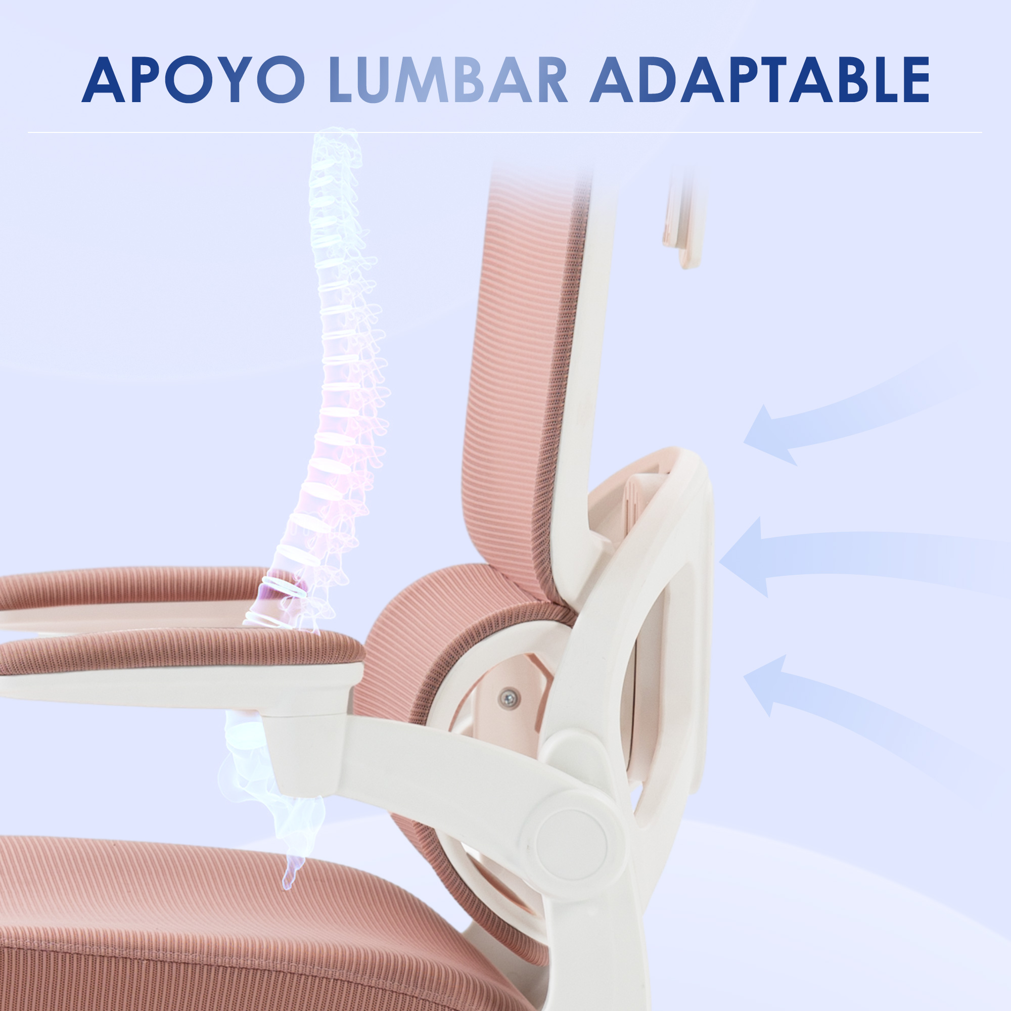 Silla de oficina ergonómica con soporte lumbar adaptable. Combinación de colores rosa y blanco. Fondo azul.