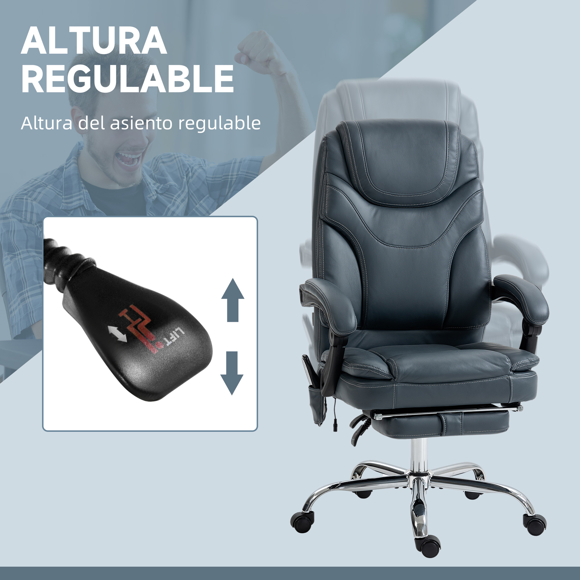 Silla de oficina con altura ajustable, persona manipulando la palanca.