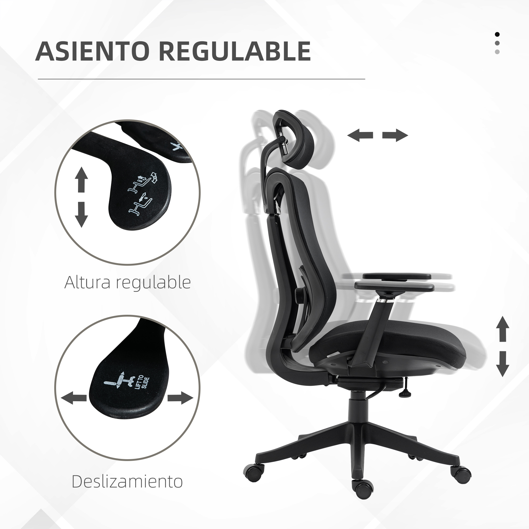 Una silla de oficina ergonómica negra. Muestra funciones de ajuste: altura y deslizamiento.