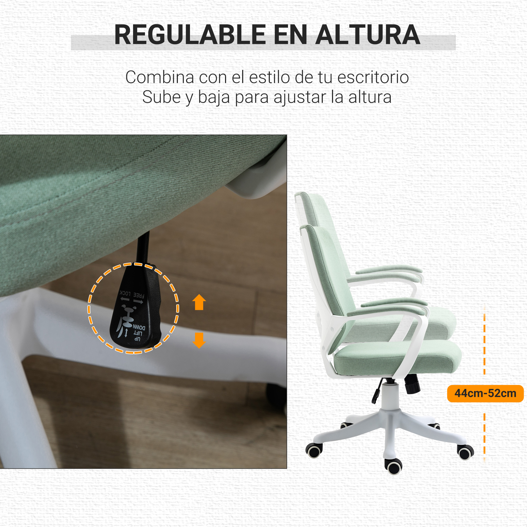 Silla de oficina verde y blanca, altura ajustable mostrada. Texto: 'Ajustable en altura', con detalles de ajuste.