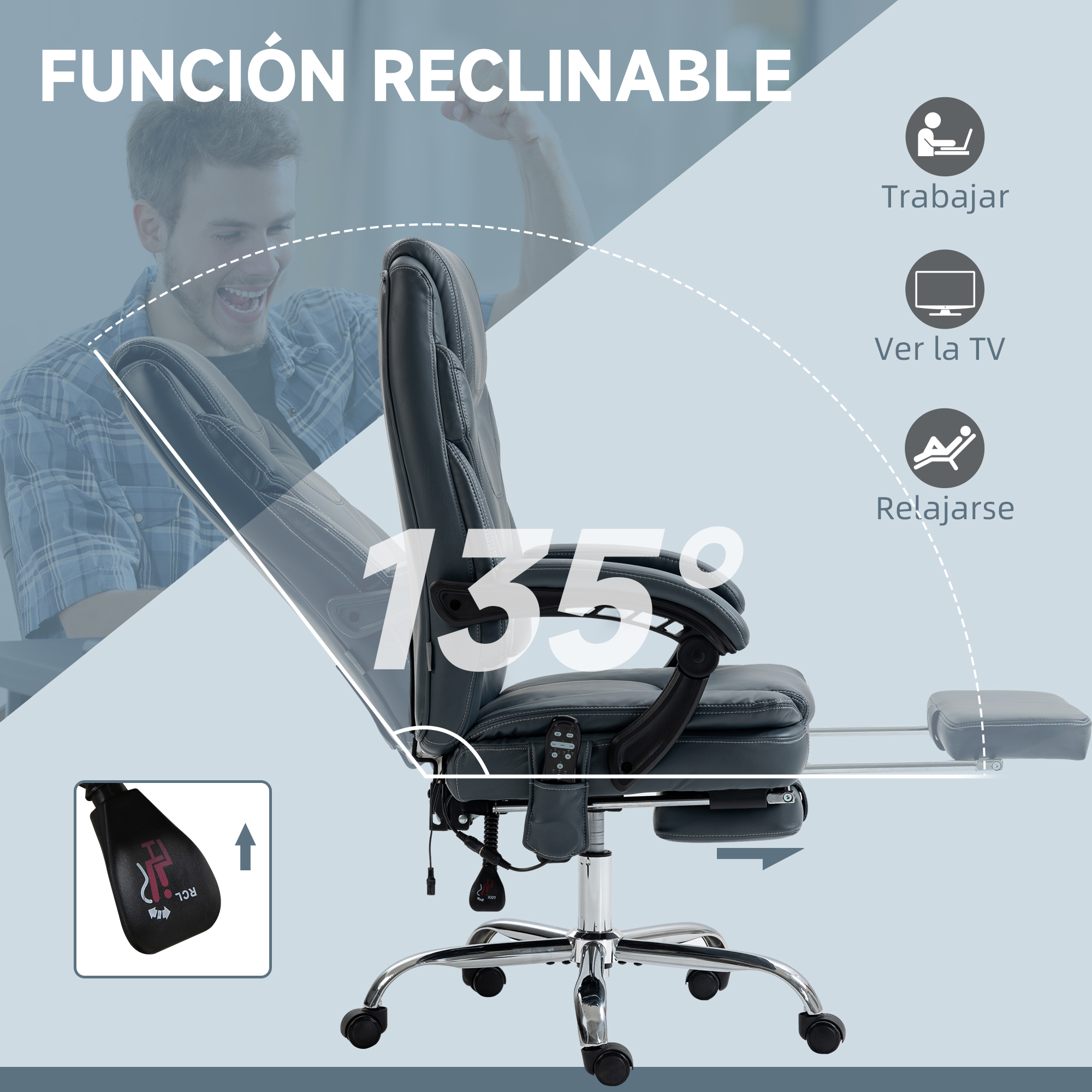 Silla de oficina reclinable con hombre gesticulando detrás.