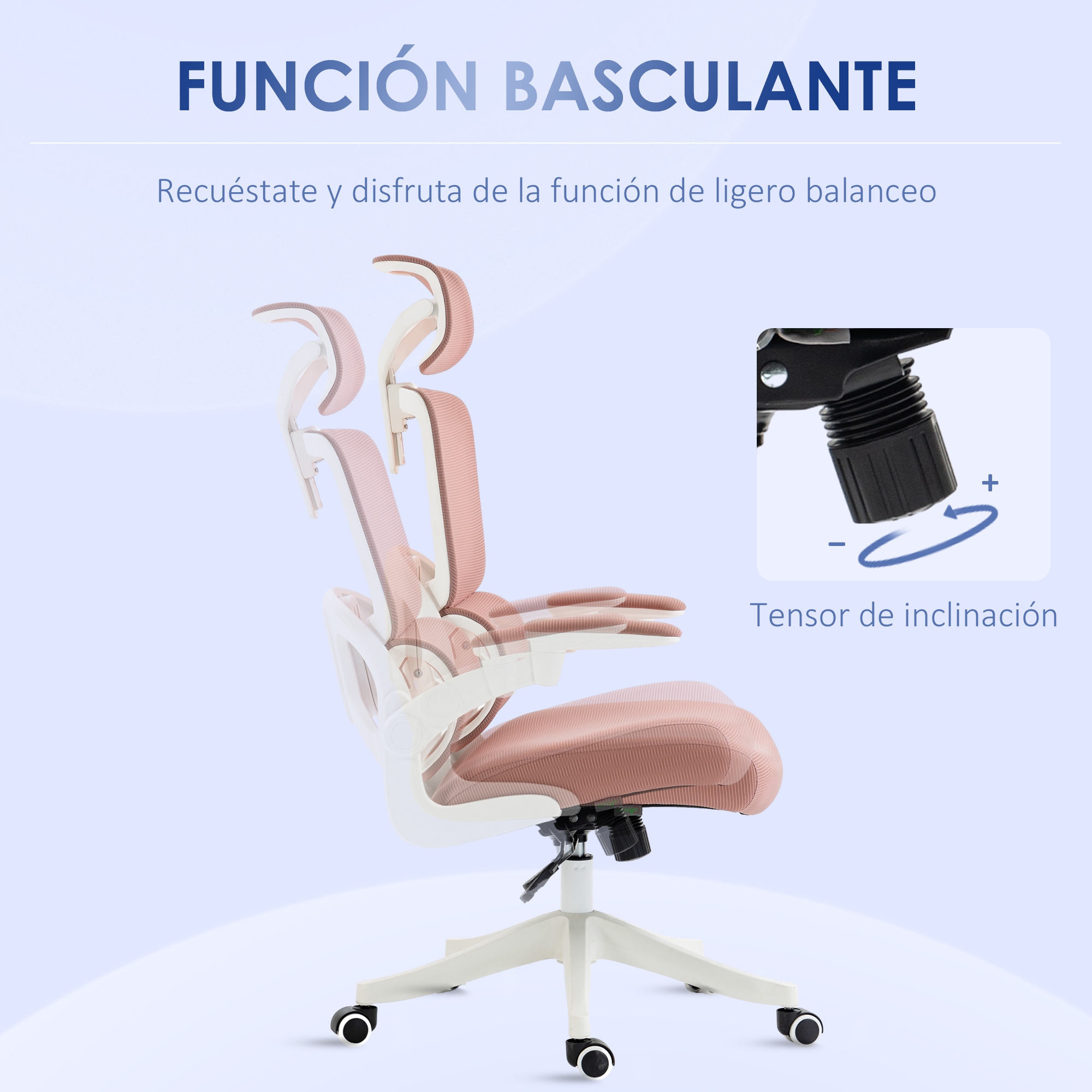 Una silla de oficina ergonómica en rosa y blanco, con diagramas que muestran el ajuste de inclinación y tensión.