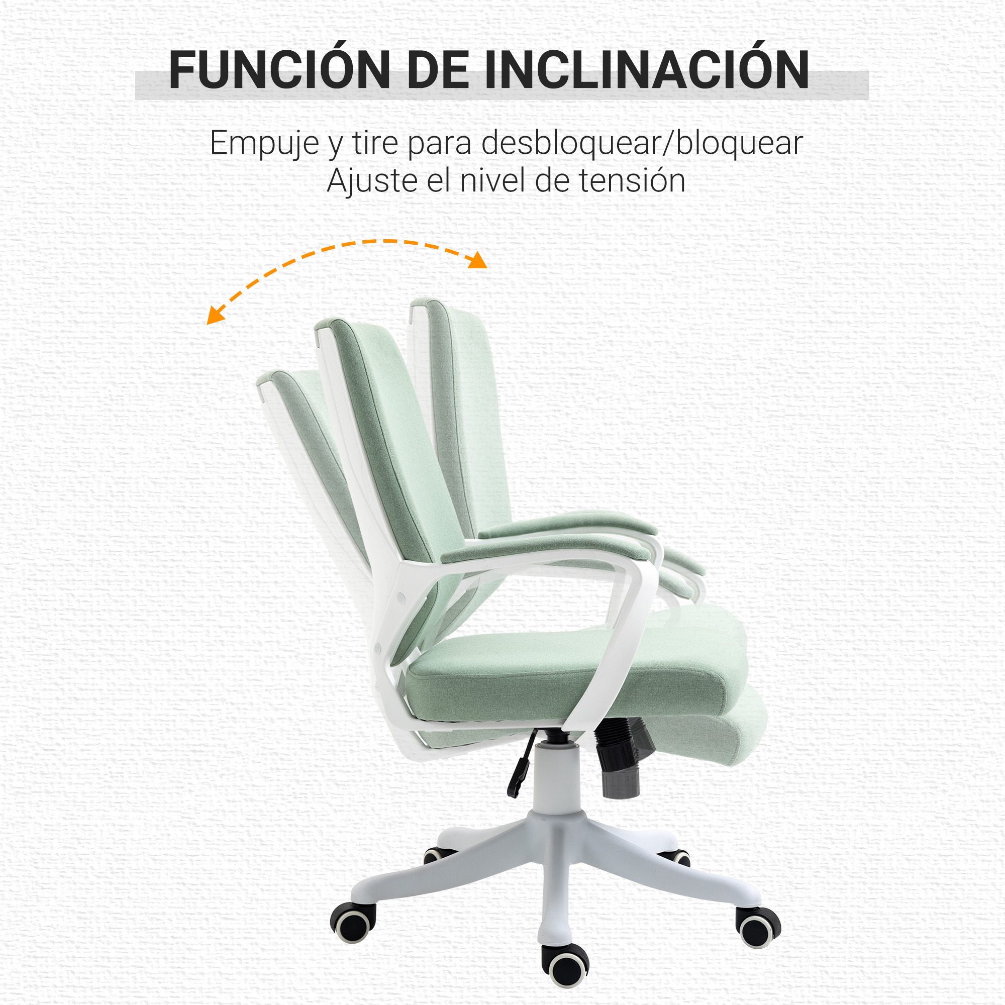 Una silla de oficina blanca con asiento verde. La espalda está inclinada con flechas. El texto dice: Función de inclinación.