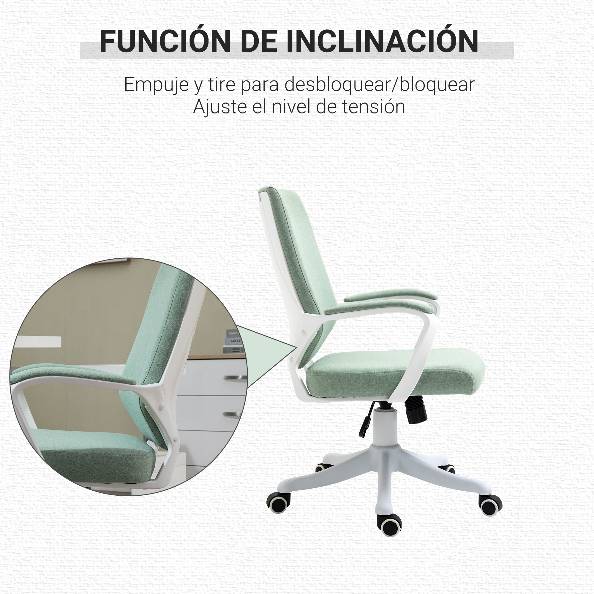 Silla de oficina verde con marco blanco, mostrada junto a mesa y escritorio.