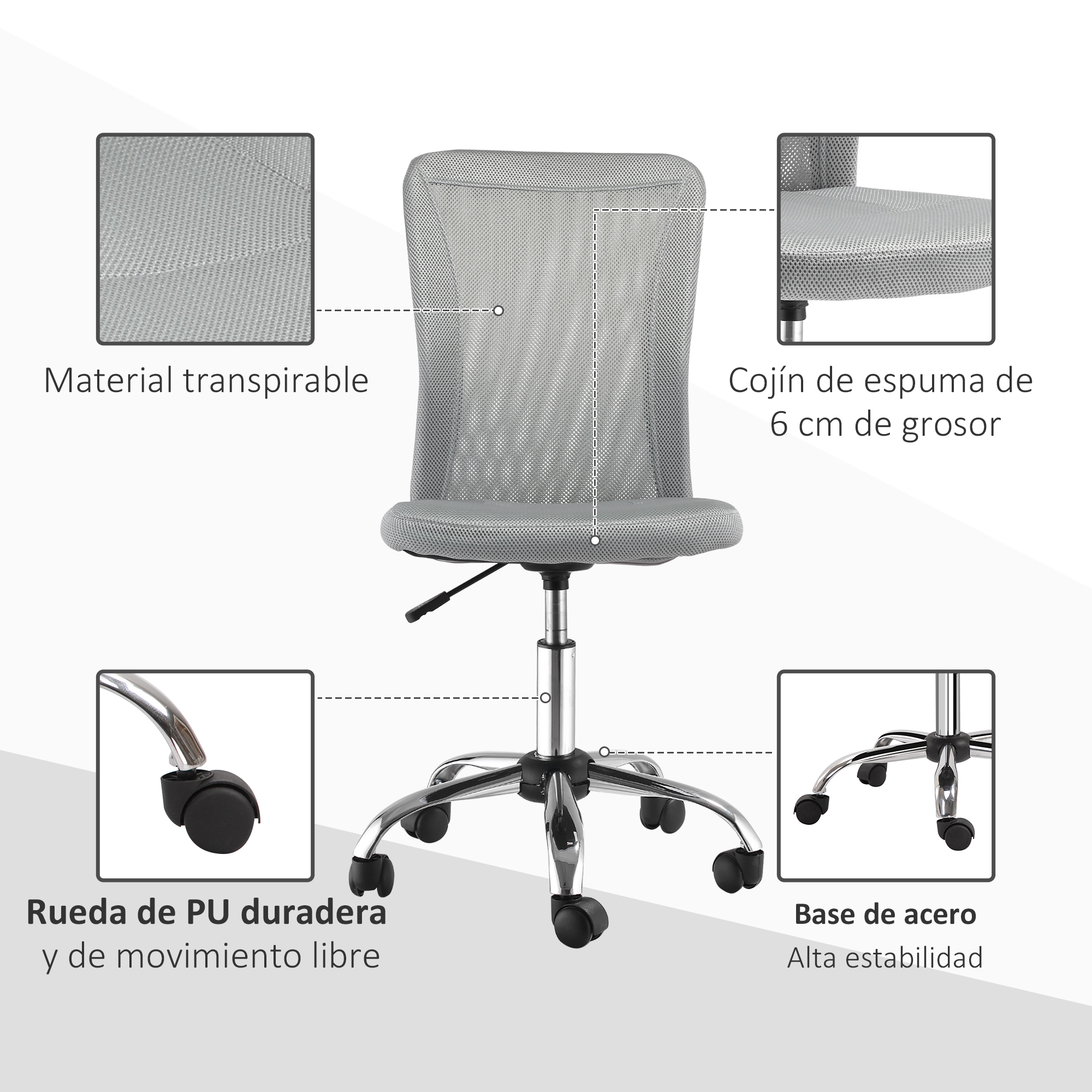 Silla de oficina gris con respaldo de malla. Características: material transpirable, cojín de espuma, base de acero y ruedas duraderas.