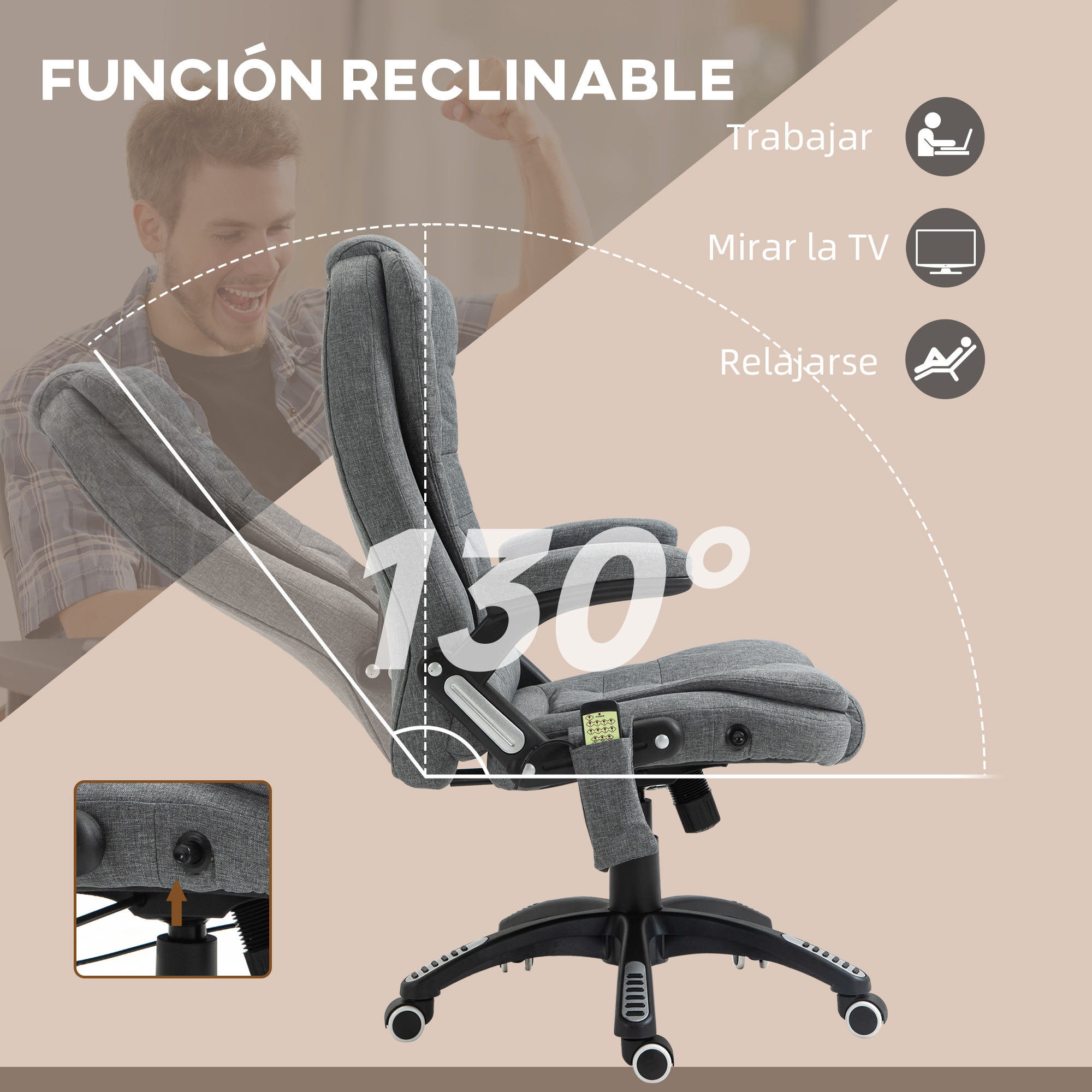 Un hombre se sienta en una silla de oficina gris. La silla se puede reclinar hasta 130 grados.