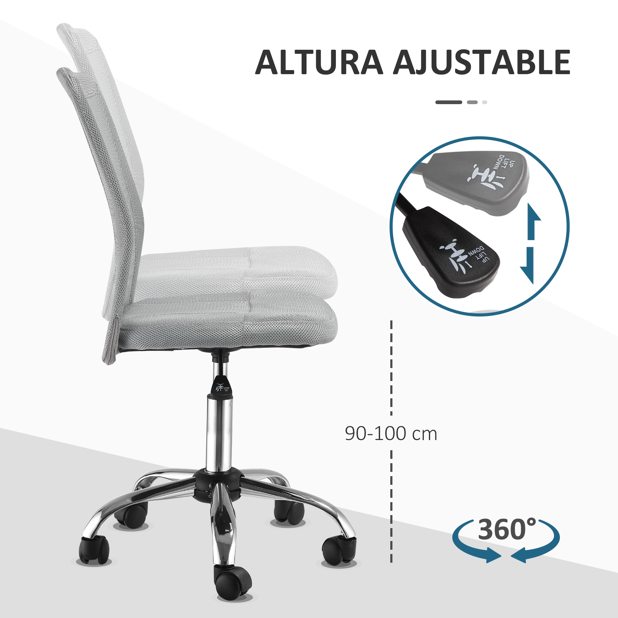 Silla de oficina blanca y gris con control de ajuste de altura. La silla tiene respaldo de malla.
