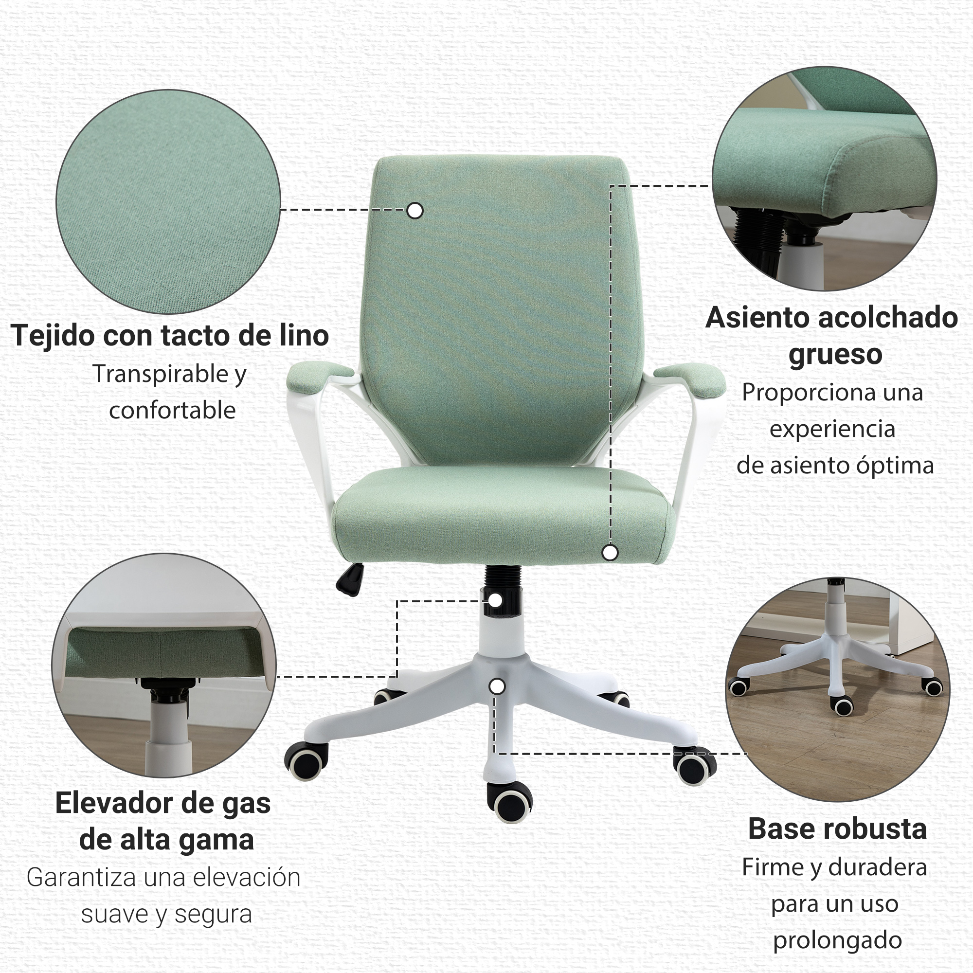 Una silla de oficina verde con detalles blancos. La silla tiene altura ajustable y está sobre ruedas.