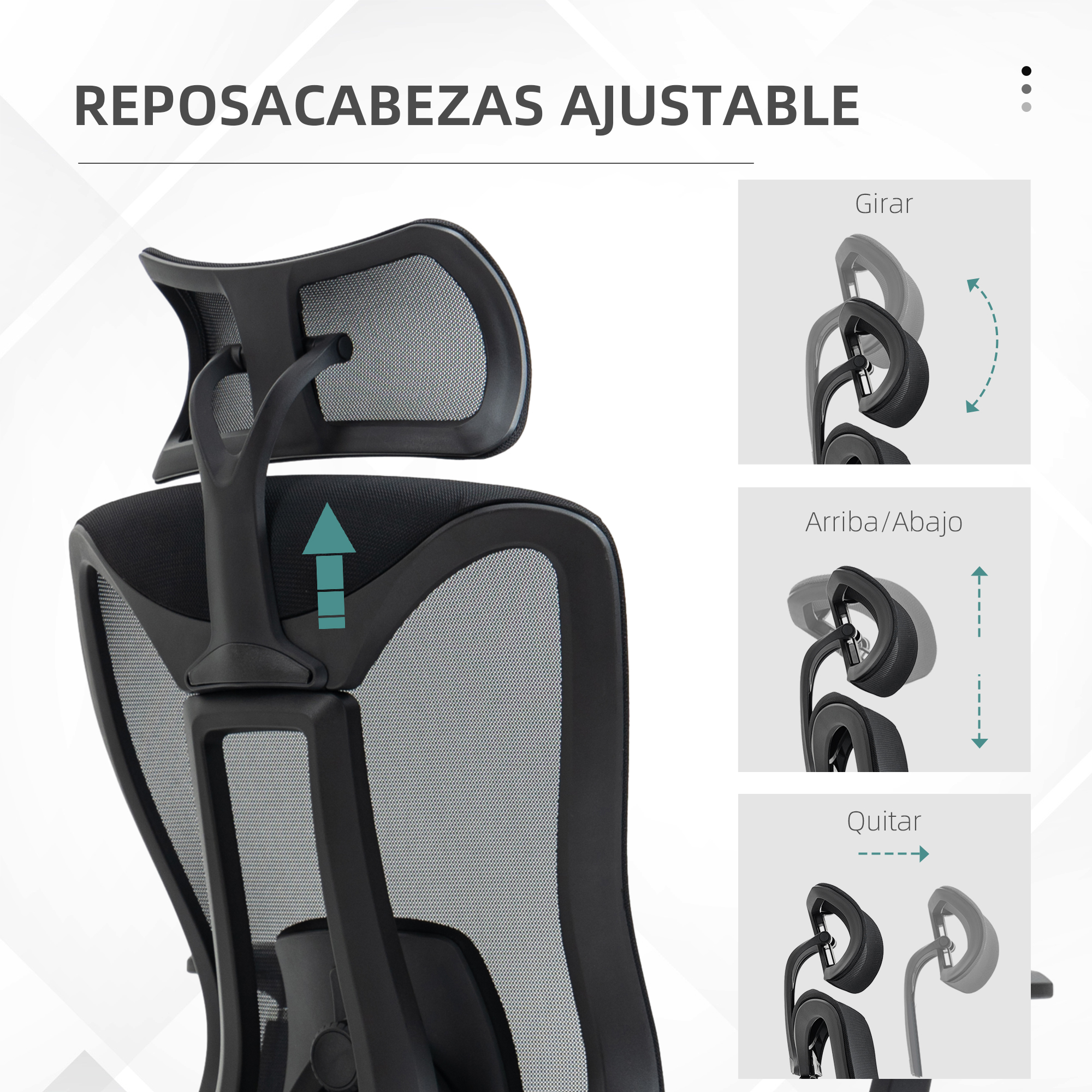 Reposacabezas de silla negro con diagramas de ajuste. Flechas muestran arriba/abajo, girar y quitar.
