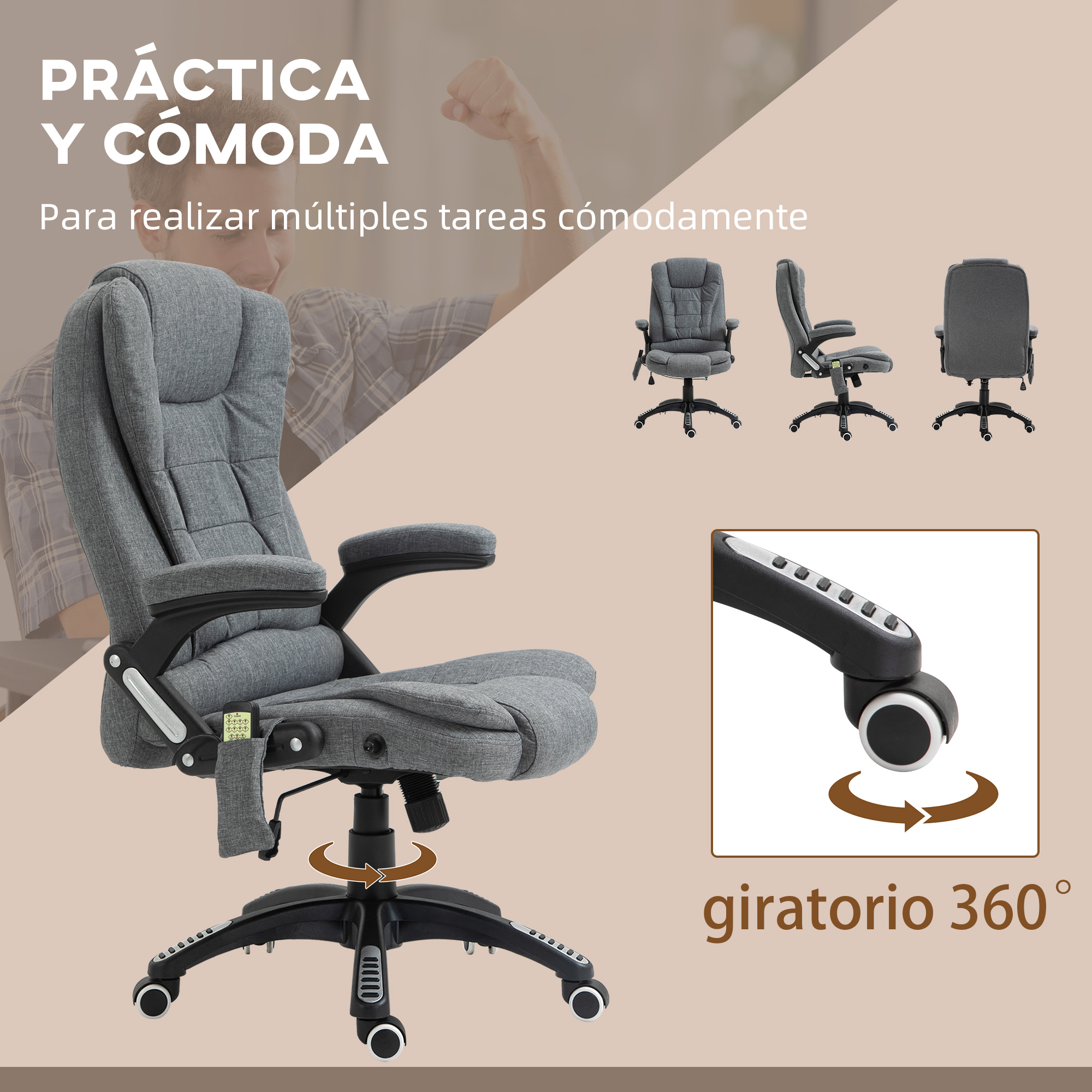 Silla de oficina gris con texto: Práctica y cómoda. Tres vistas de silla y un icono de rotación de 360°.