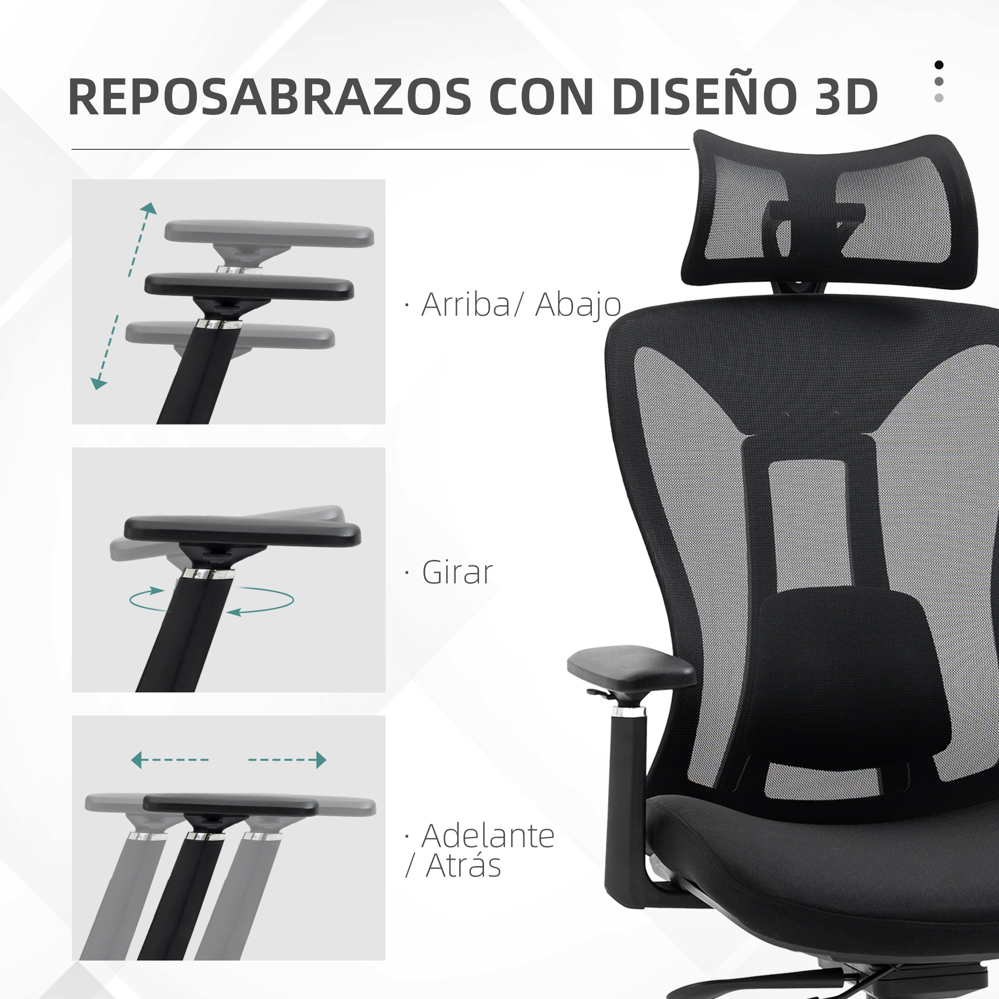 Silla de oficina negra con reposabrazos y reposacabezas ajustables. La silla está sobre un fondo blanco.