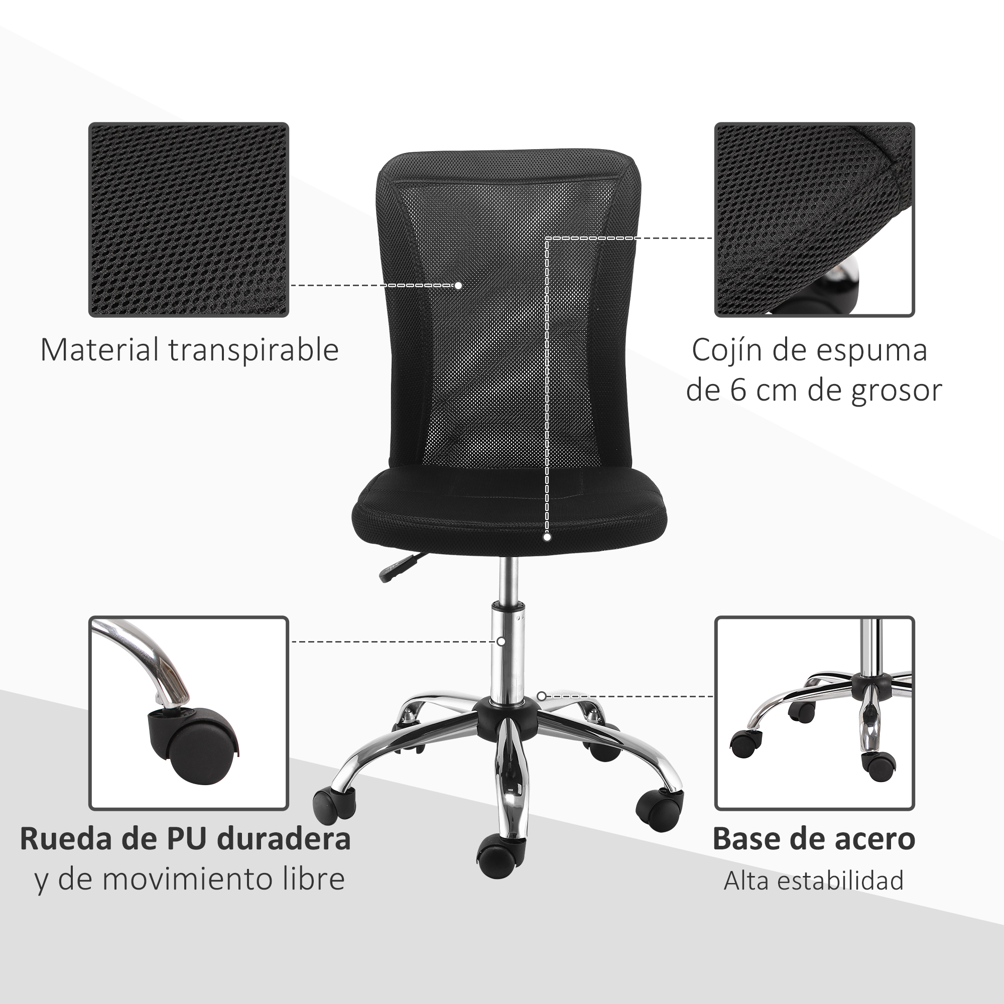 Silla de oficina negra con etiquetas de texto. La silla tiene respaldo de malla y base de acero.