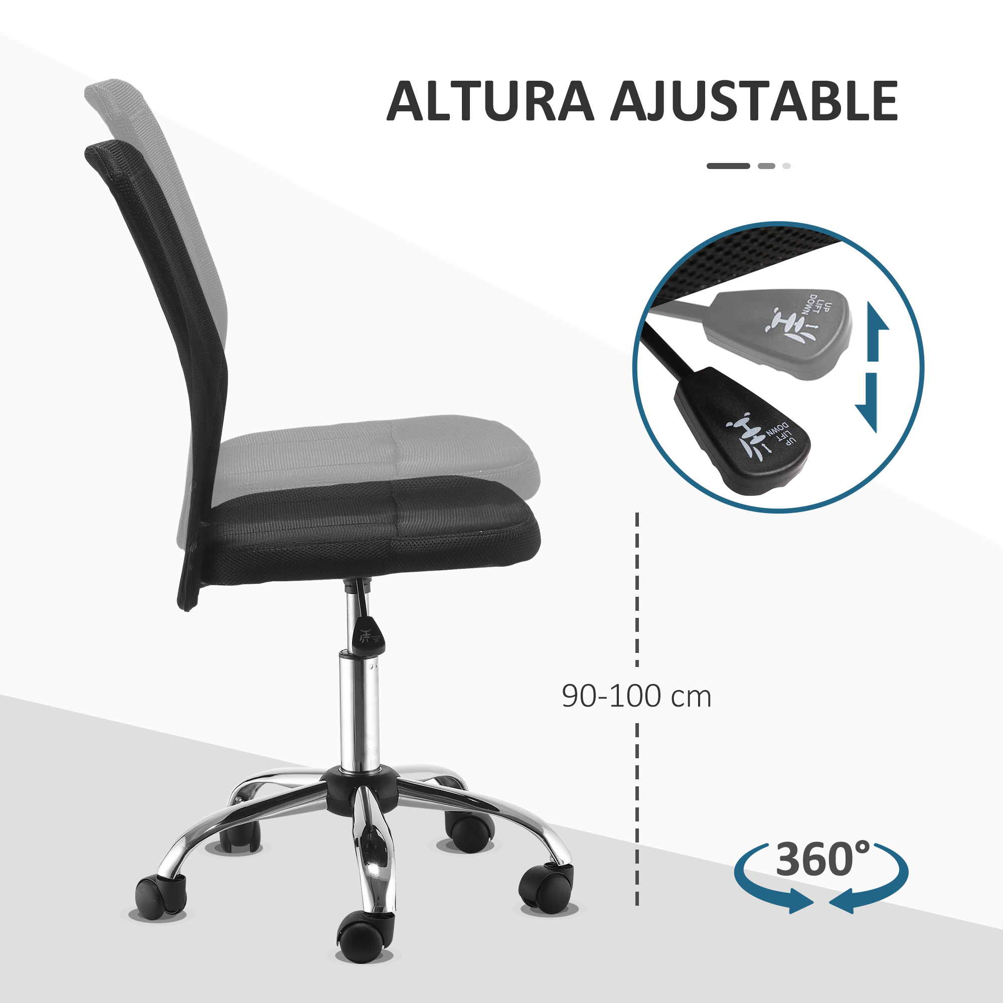 Una silla de oficina gris y negra con controles de ajuste de altura y función giratoria de 360 grados.