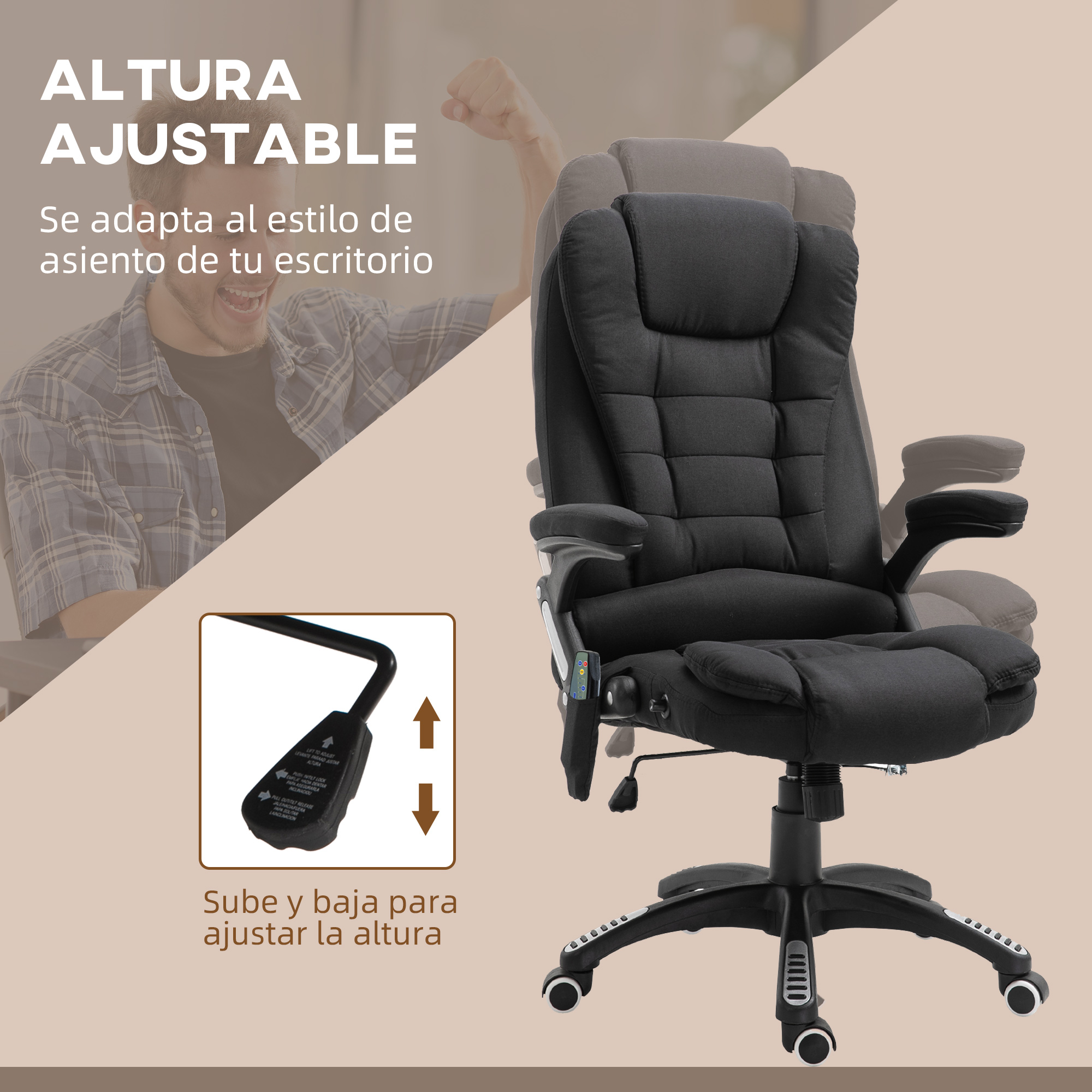 Silla de oficina negra con altura ajustable. Hombre atrás. Texto: altura ajustable.