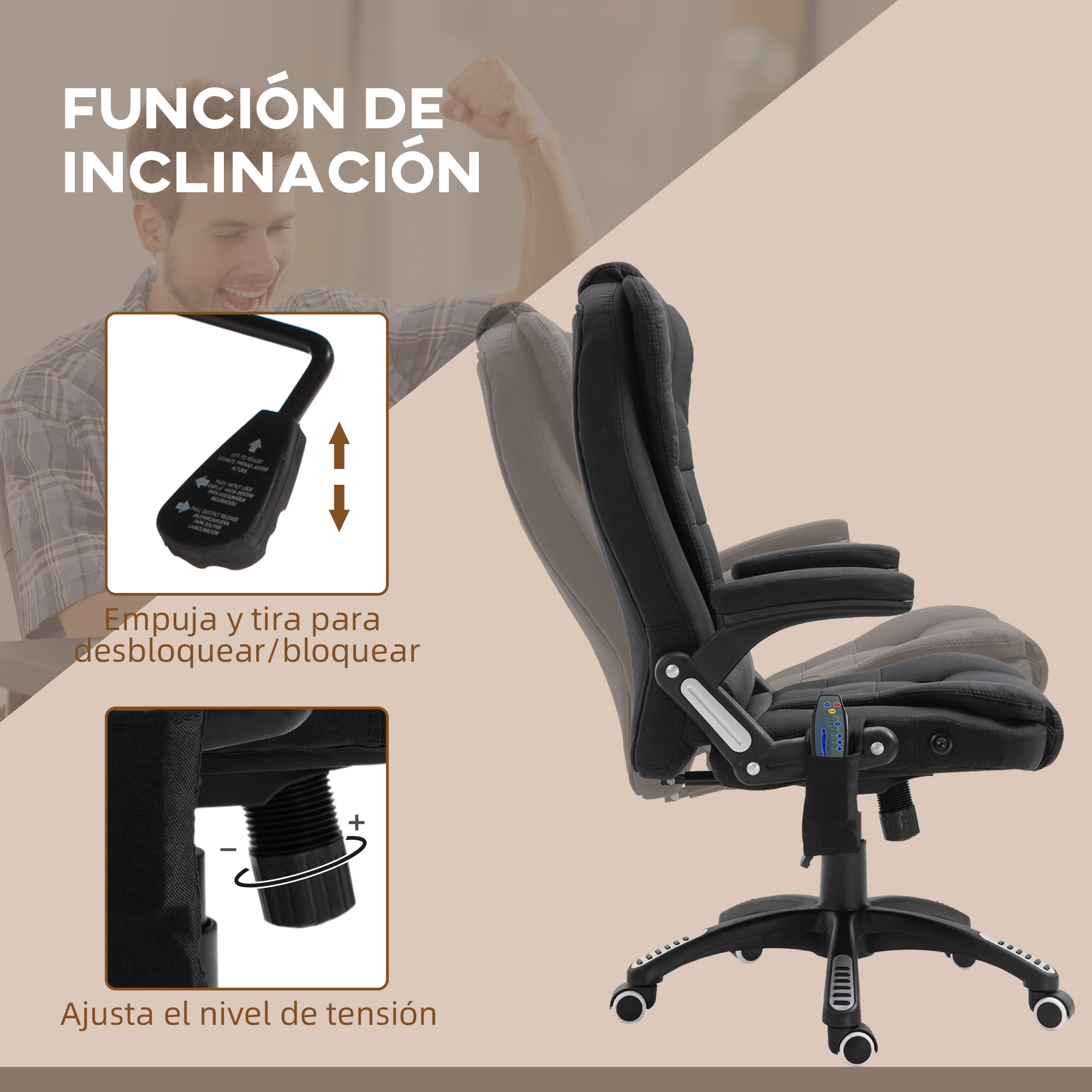 Silla de oficina negra con función de inclinación. Una persona ajusta la función de inclinación y la tensión.