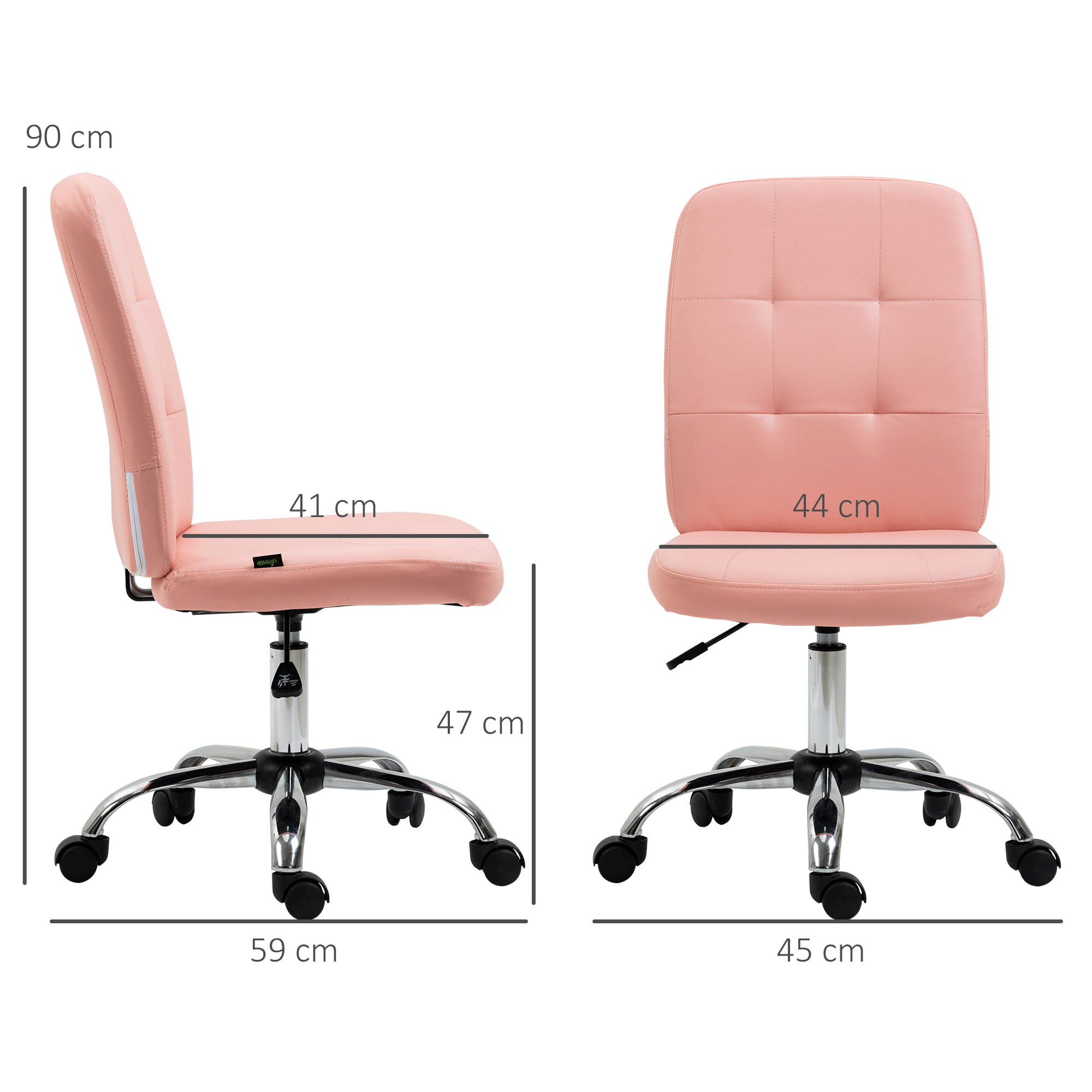 Silla de oficina rosa, vistas lateral y frontal, con dimensiones. Base cromada con ruedas.