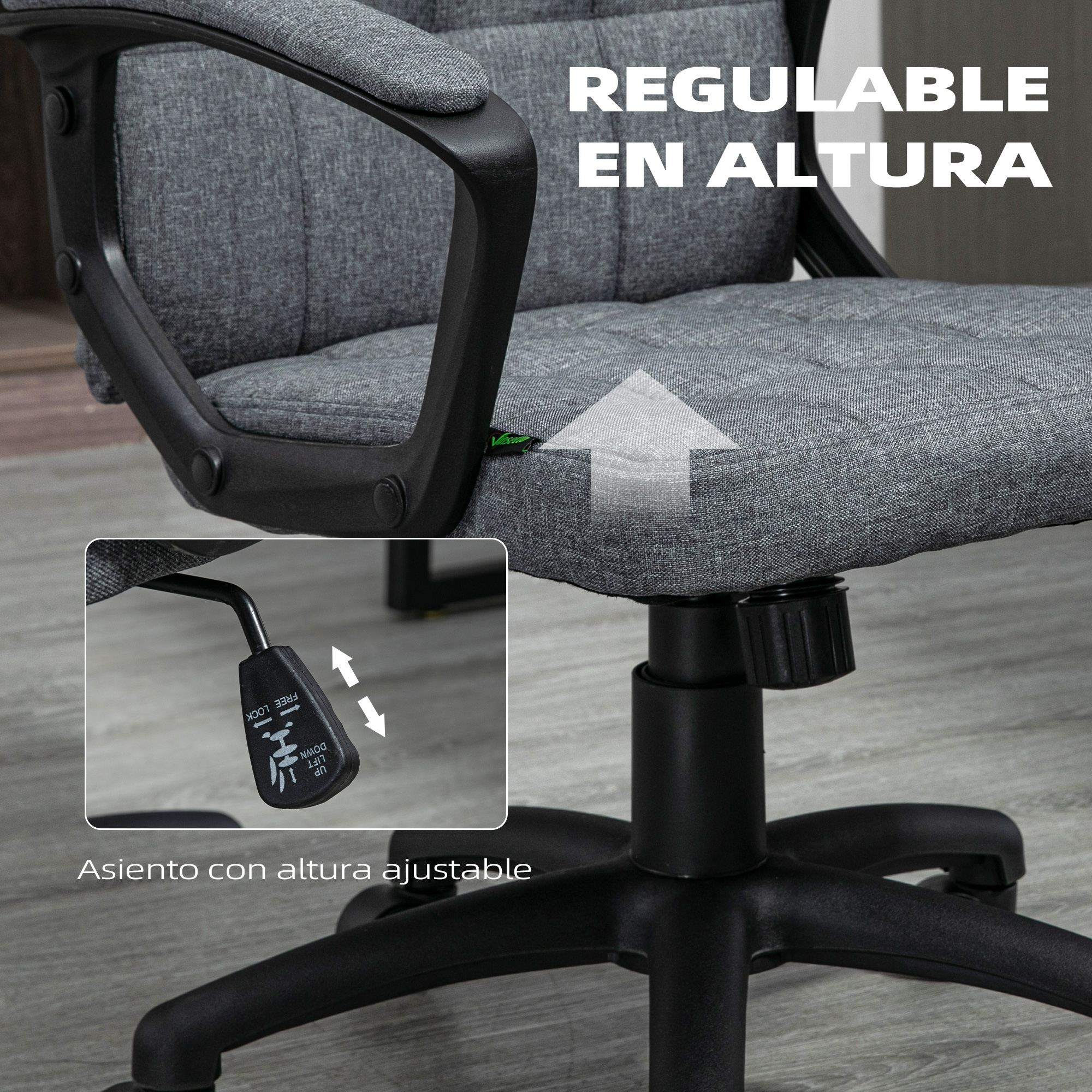 Primer plano de la palanca de ajuste del asiento de una silla de oficina, mostrando la dirección arriba/abajo.