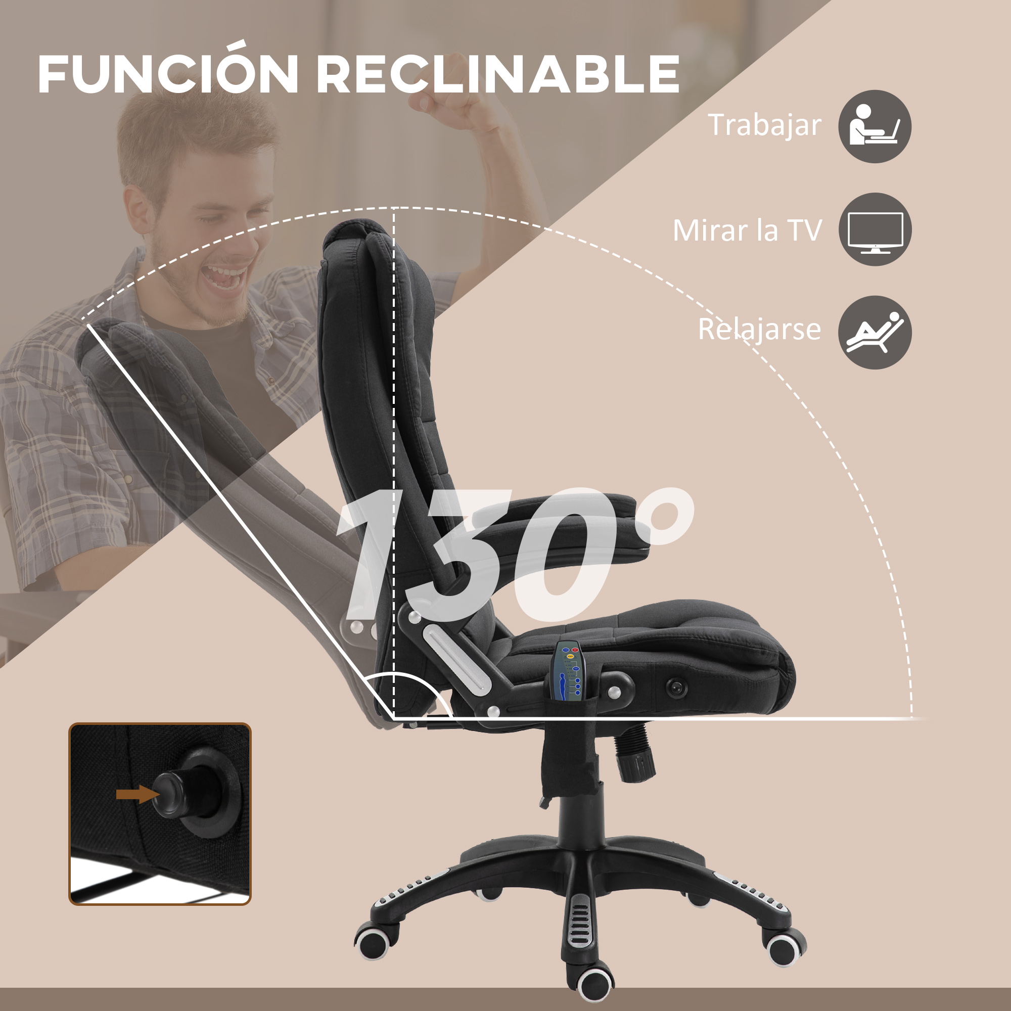 Silla de oficina reclinable negra. El ángulo de reclinación es de 130 grados.