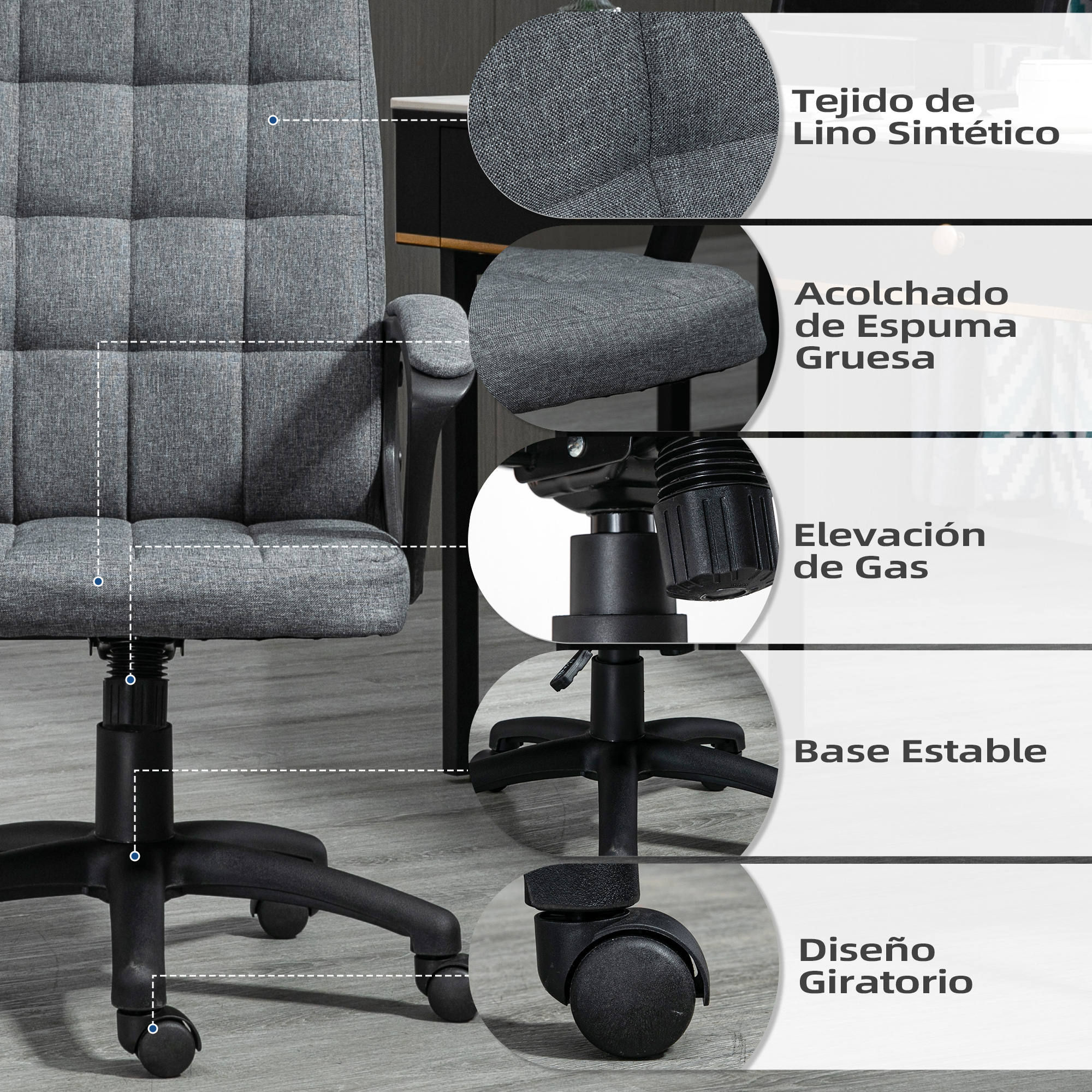 Detalles de primer plano de una silla de oficina gris: tela, espuma, elevación de gas, base, ruedas.