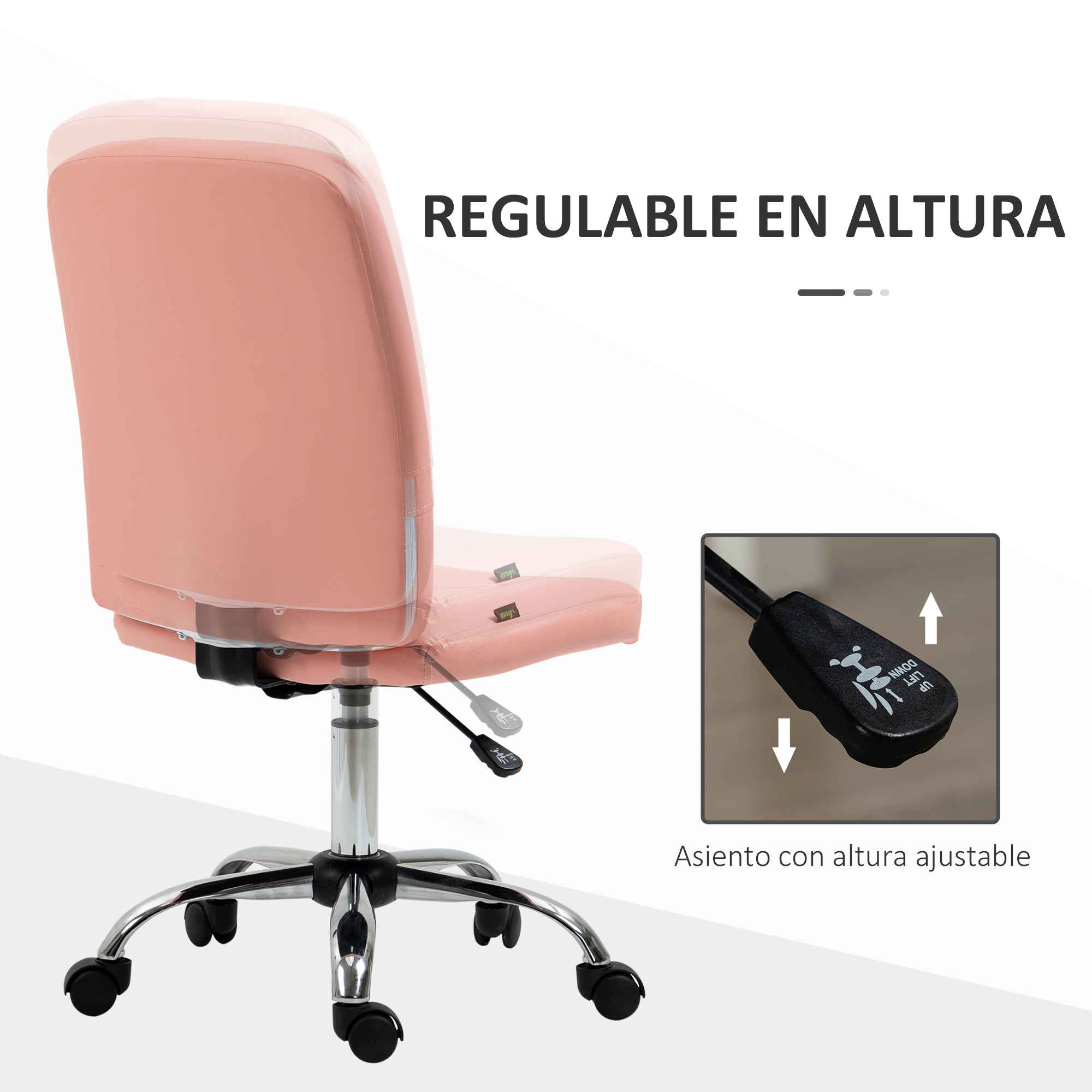 Silla de oficina rosa con altura ajustable. Se muestra el mango de ajuste en primer plano.