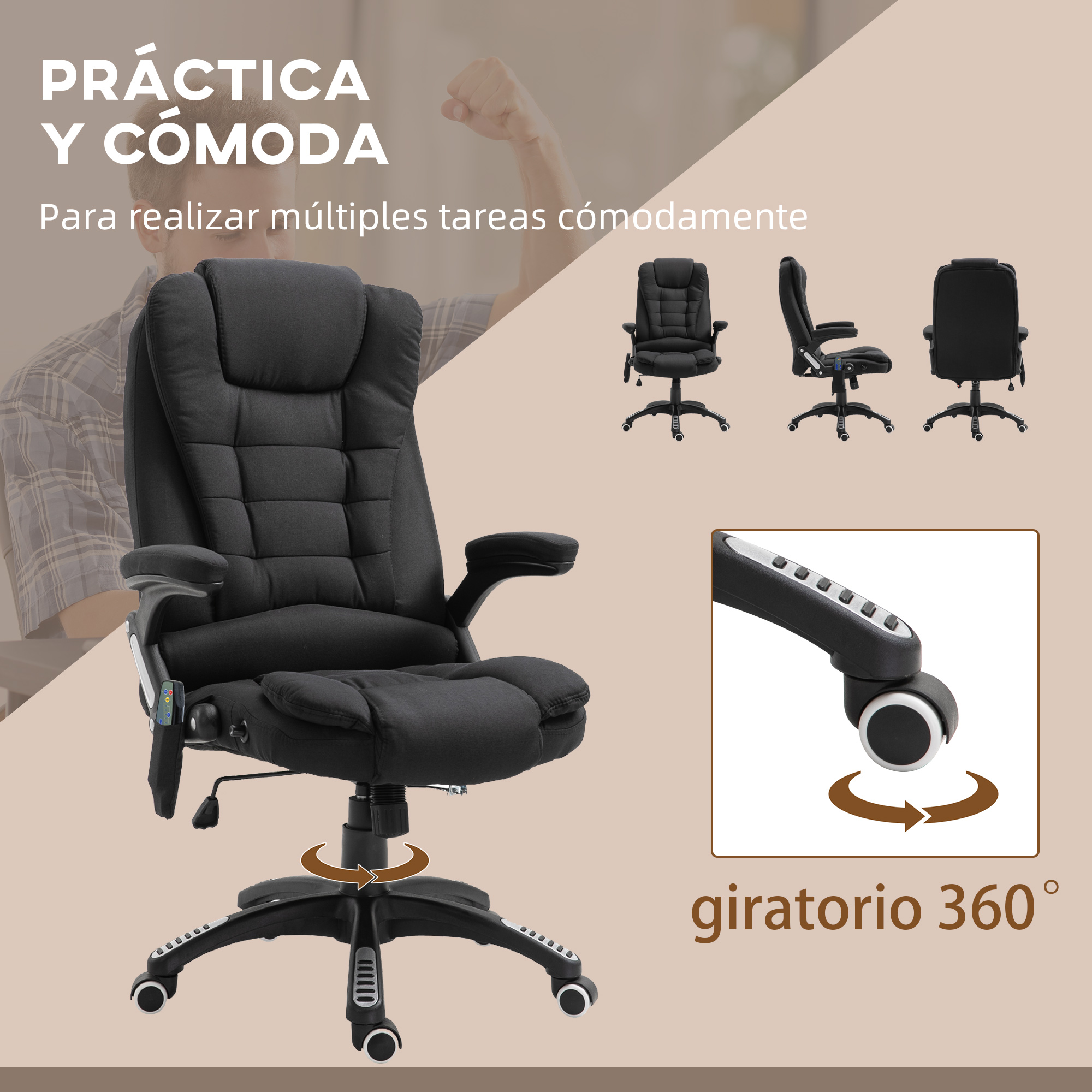 Silla de oficina negra con giro de 360 grados. Otras tres sillas y una persona en el fondo.