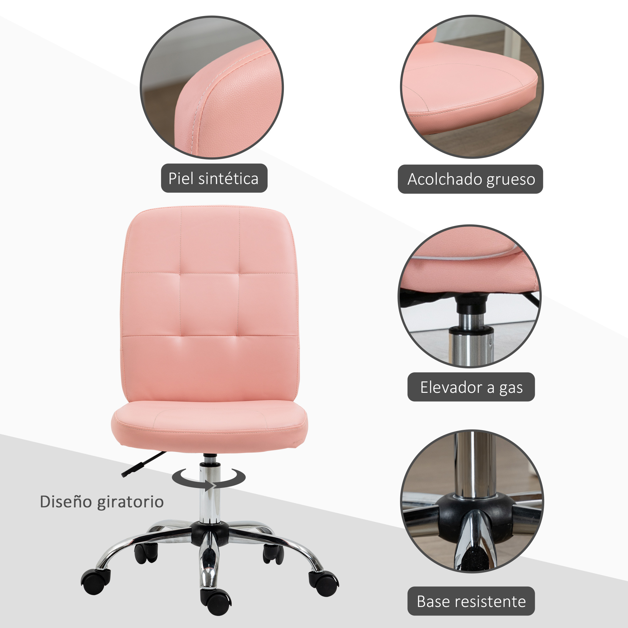 Una silla de oficina rosa con detalles. Primeros planos muestran cuero sintético, elevador de gas y base robusta.