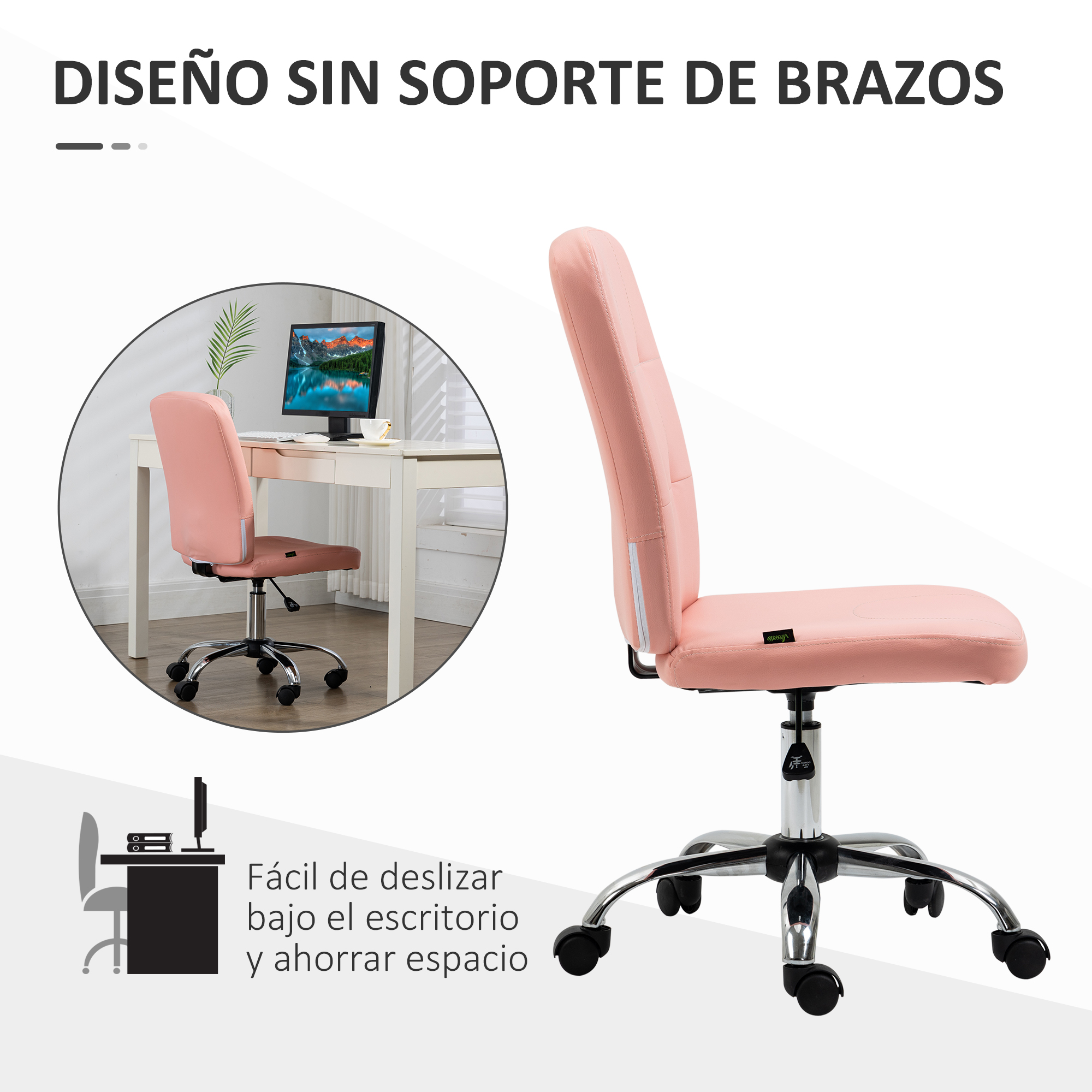 Silla de oficina rosa con base cromada, junto a un escritorio con computadora.