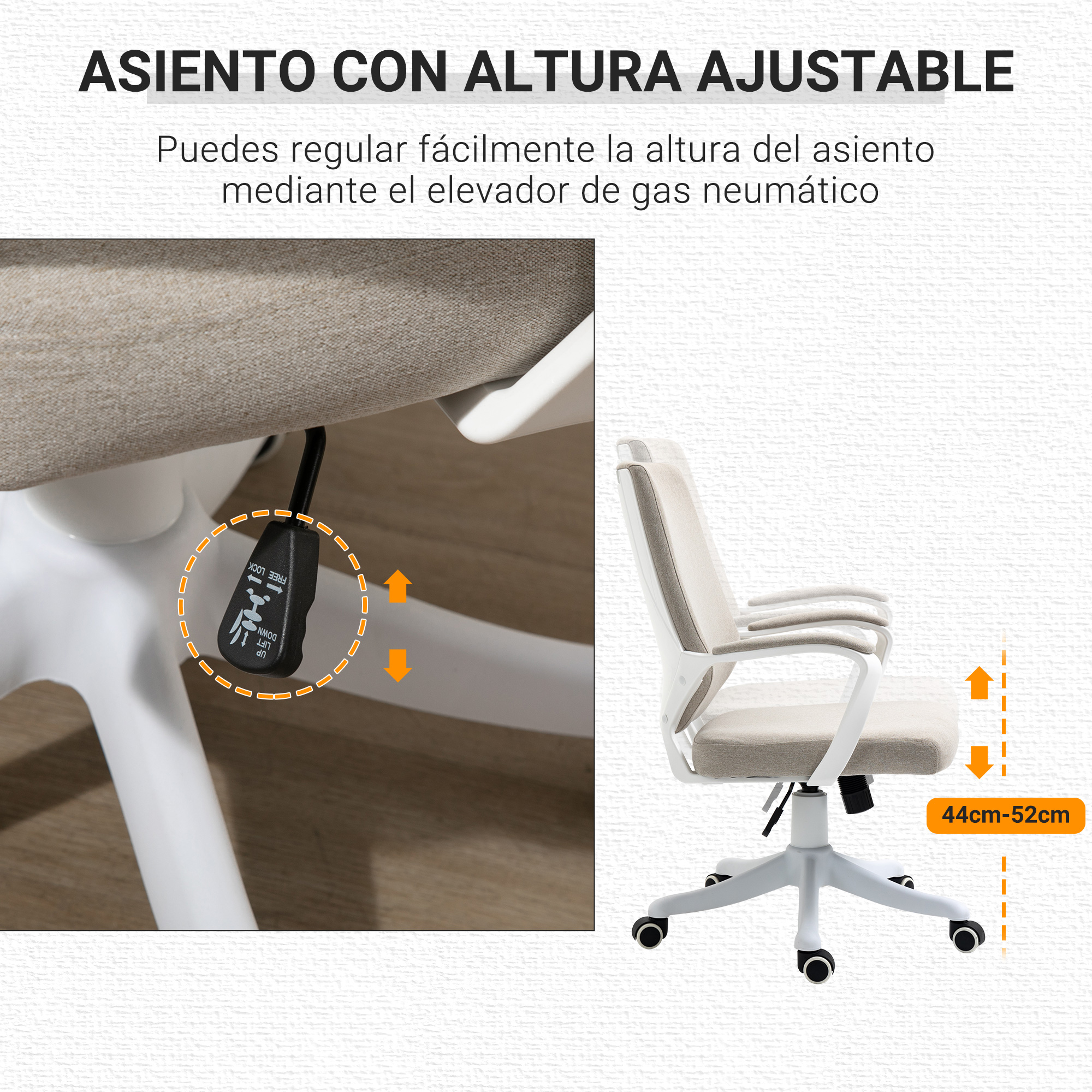 Se muestra una silla de oficina blanca con ajustes de altura regulables.