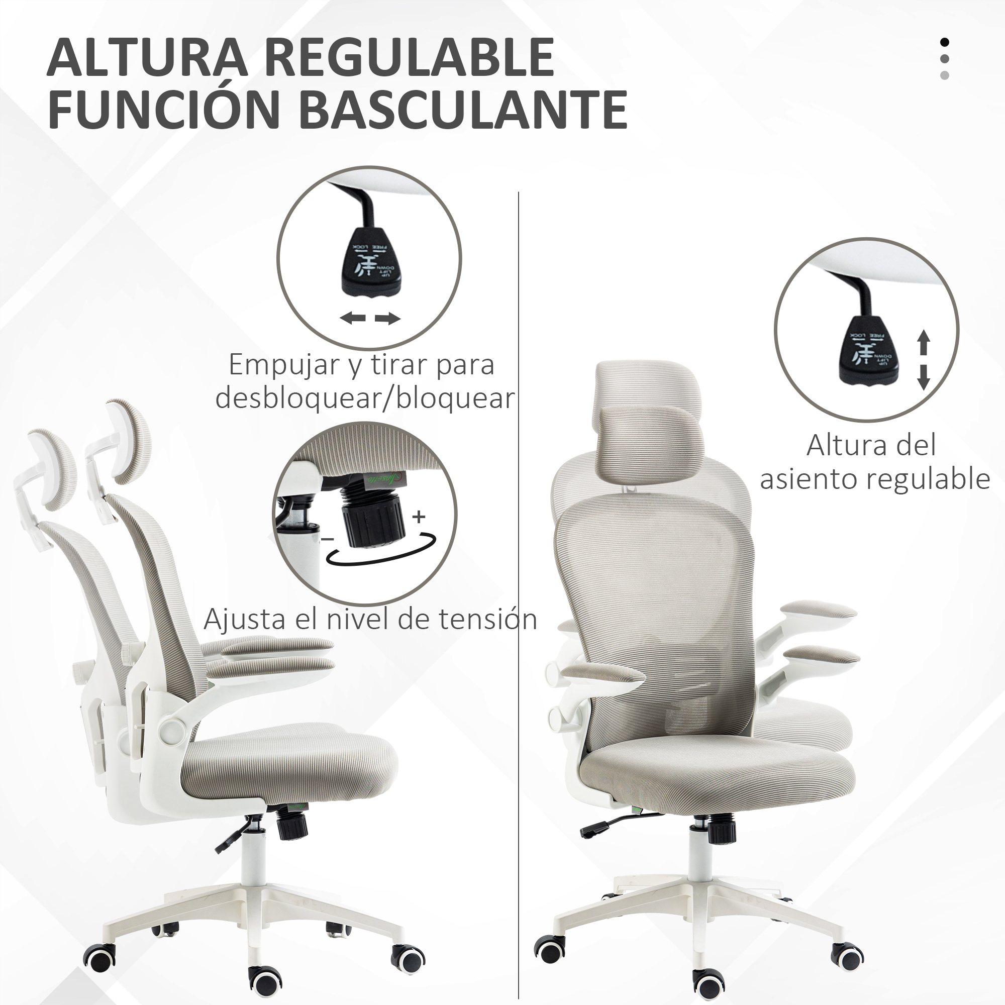 Se muestran dos sillas de oficina ergonómicas. El texto indica las funciones de altura y inclinación ajustables.
