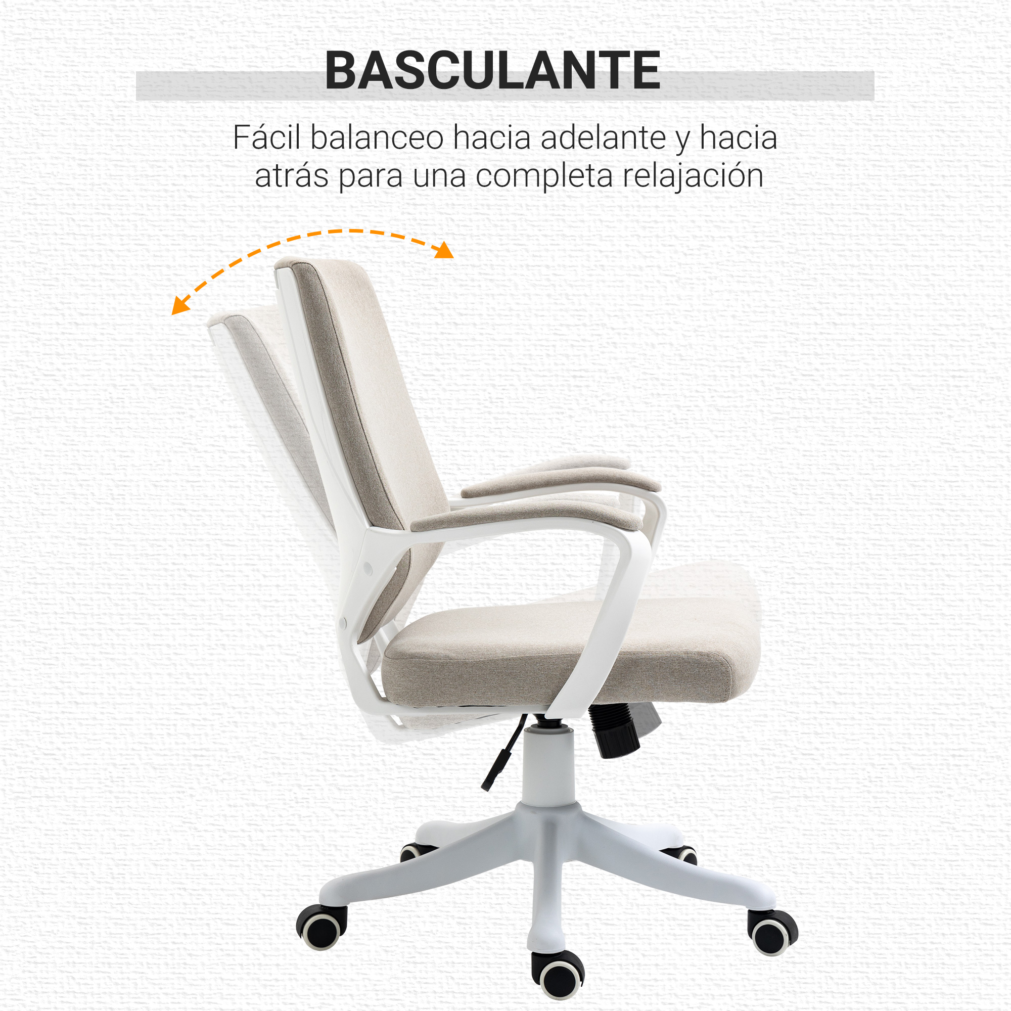 Vista lateral de una silla de oficina con respaldo reclinable, etiquetada como 'BASCULANTE'.