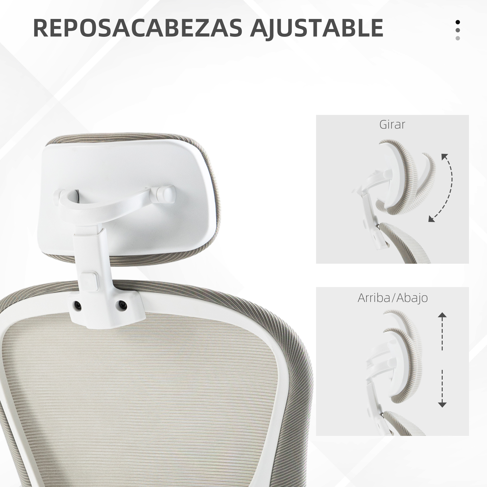 Reposacabezas ajustable en una silla, blanco y gris. Flechas muestran dirección de ajuste.