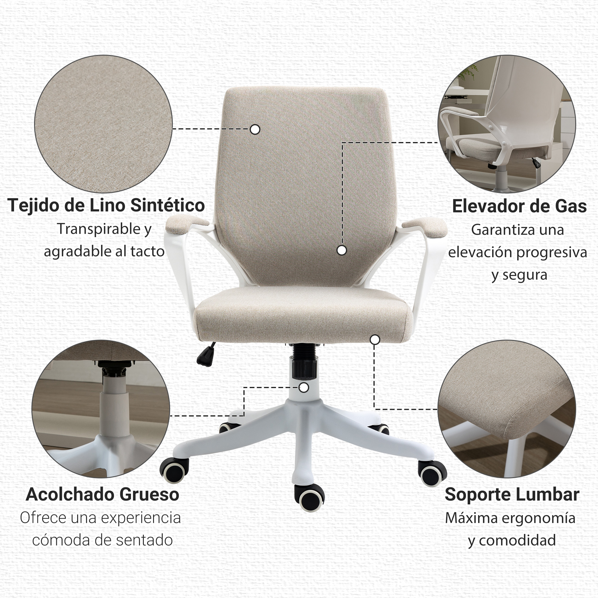 Silla de oficina blanca con asiento y respaldo beige.