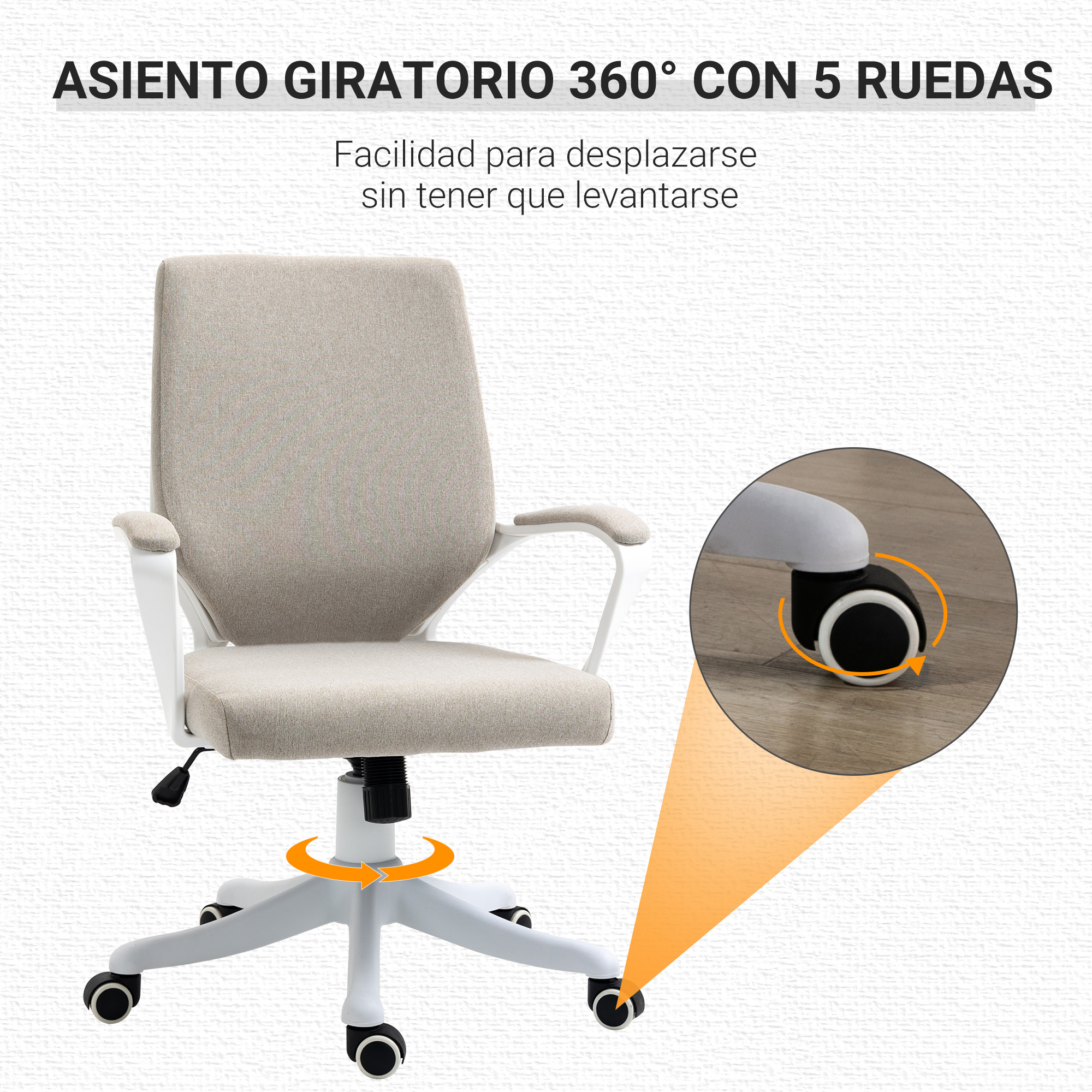 Una silla de oficina blanca con asiento beige y reposabrazos blancos. La silla está sobre ruedas.